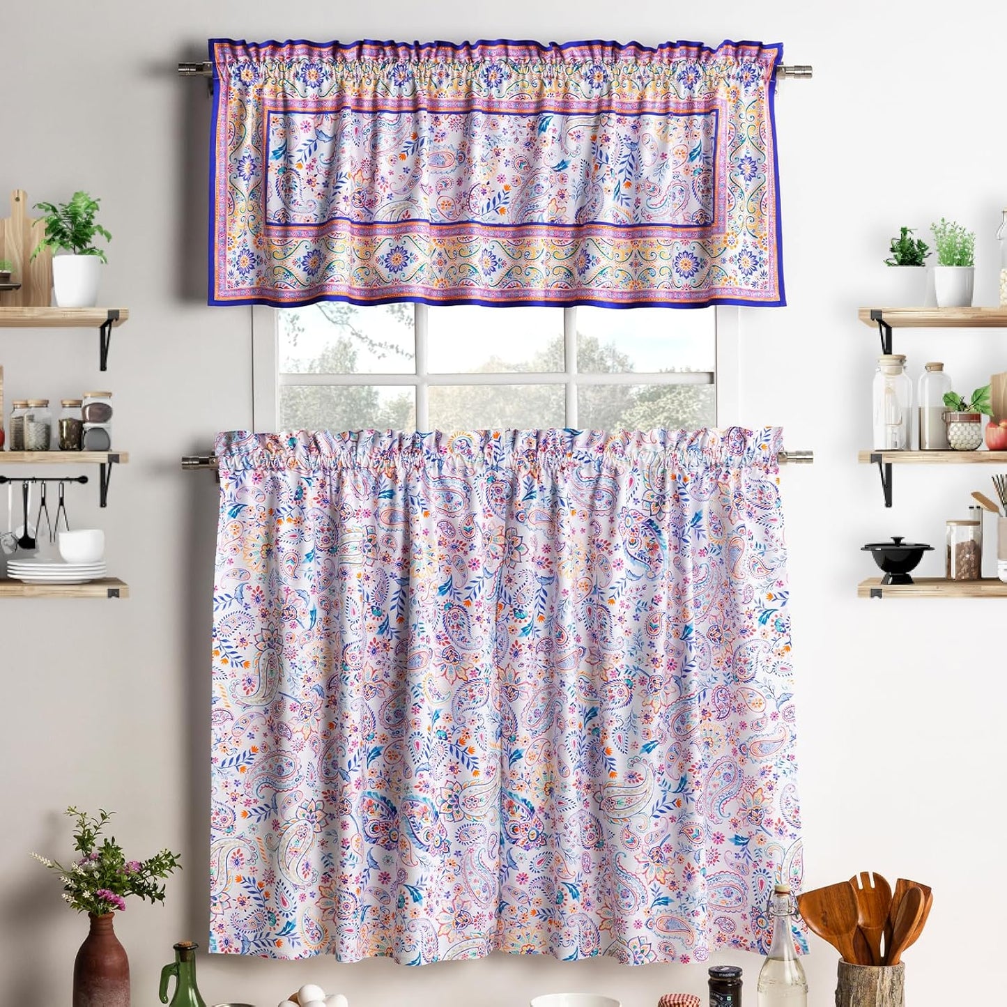 Maison d'Hermine Kitchen Curtains Sets for Windows 100% Cotton Set of Kitchen Curtains Valances for Cafe Home [2 Tiers (28"X36") and 1 Valance (56"X18")] - Easter Decorations (Passiflora)