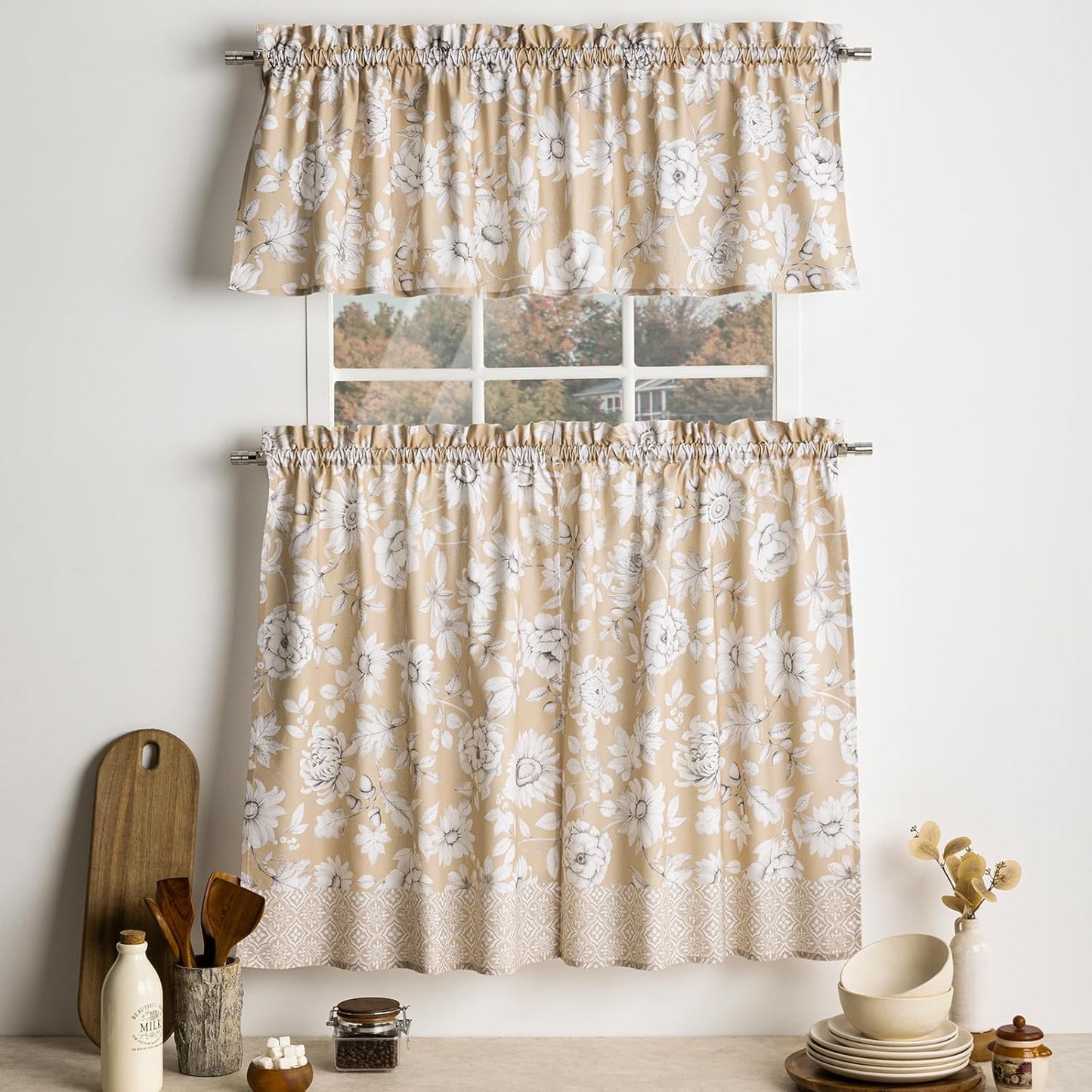 Maison d'Hermine Kitchen Curtains Sets for Windows 100% Cotton Set of Kitchen Curtains Valances for Cafe Home [2 Tiers (28"X36") and 1 Valance (56"X18")] - Easter Decorations (Passiflora)