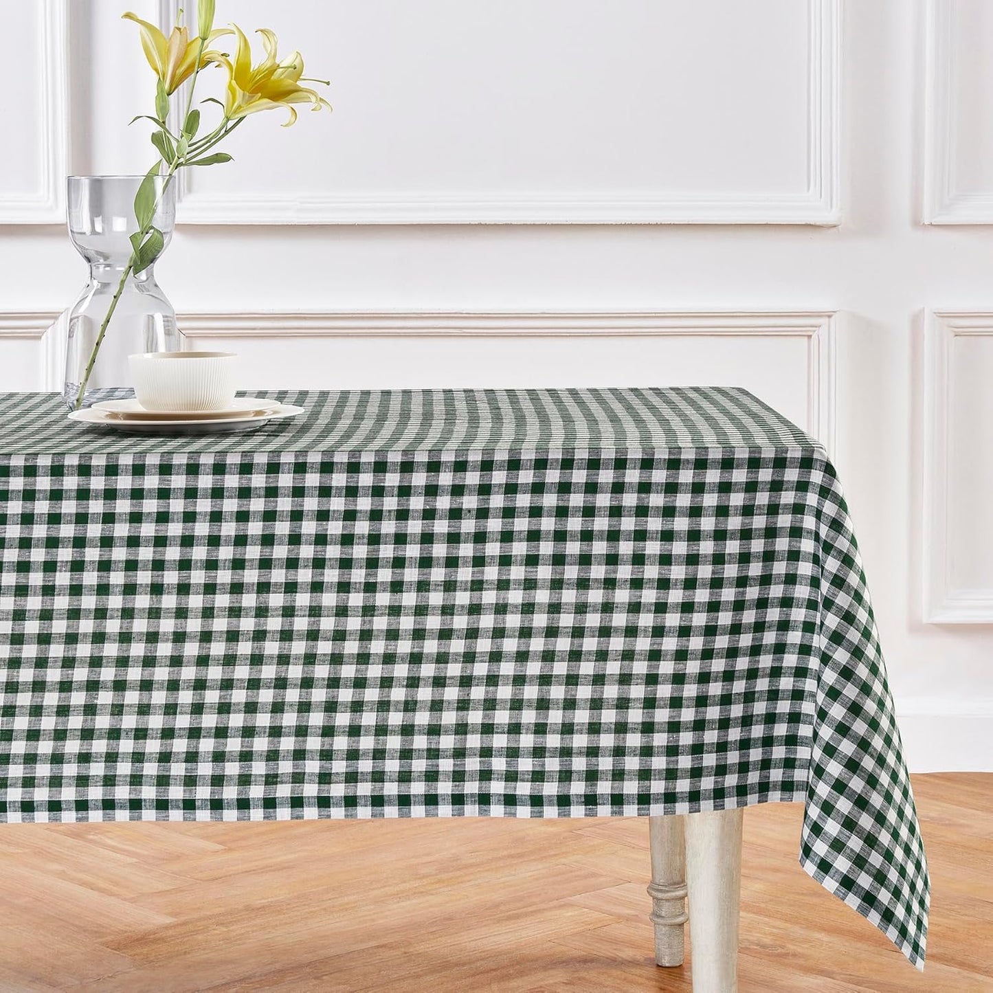Solino Home Linen Tablecloth 60 x 108 Inch - 100% Pure Linen Gingham Checkered Natural Tablecloth for Rectangular Tables - Machine Washable Table Cloth for Fall, Autumn, Thanksgiving