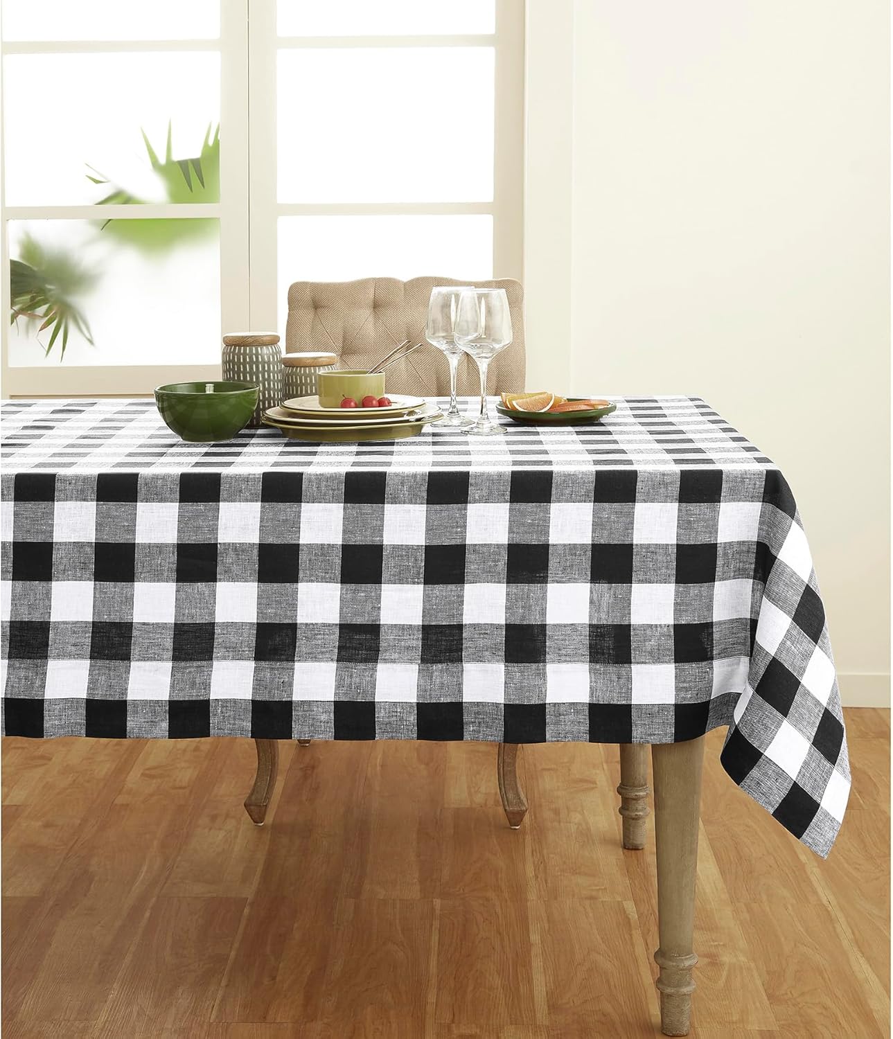 Solino Home Linen Buffalo Plaid Tablecloth 60 x 90 Inch - 100% Pure Linen Natural and White Checkered Table Cloth for Rectangle Tables - Machine Washable Tablecloth for Fall, Autumn, Thanksgiving