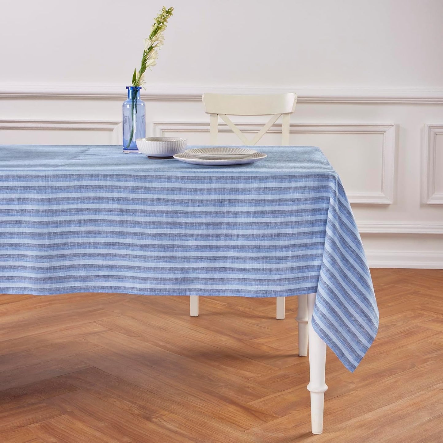 Solino Home Linen Tablecloth 60 x 90 Inch - Amalfi Stripe 100% Pure Linen Natural and White Table Cloth for Rectangle Tables - Machine Washable Tablecloth for Fall, Autumn, Thanksgiving