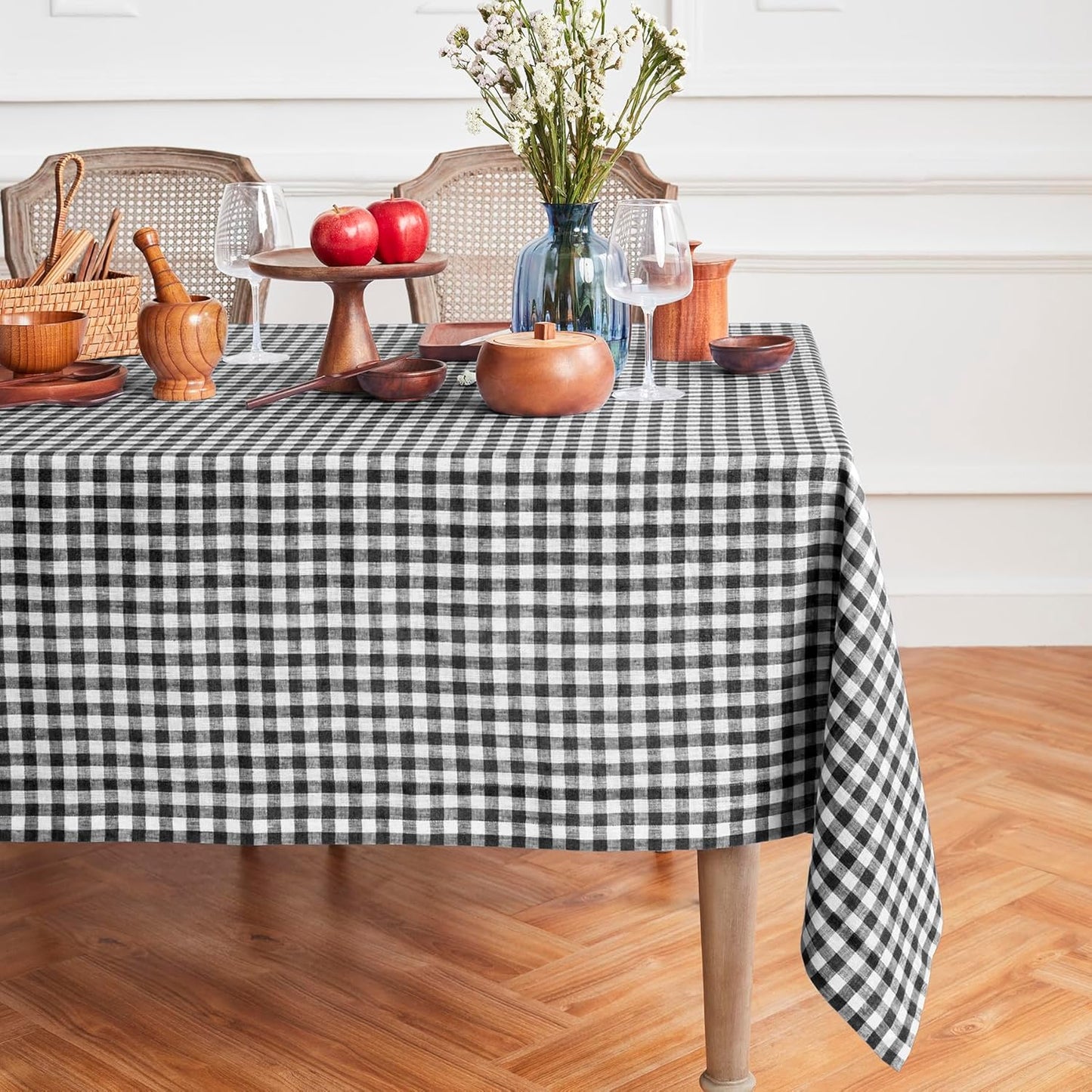 Solino Home Linen Tablecloth 60 x 108 Inch - 100% Pure Linen Gingham Checkered Natural Tablecloth for Rectangular Tables - Machine Washable Table Cloth for Fall, Autumn, Thanksgiving