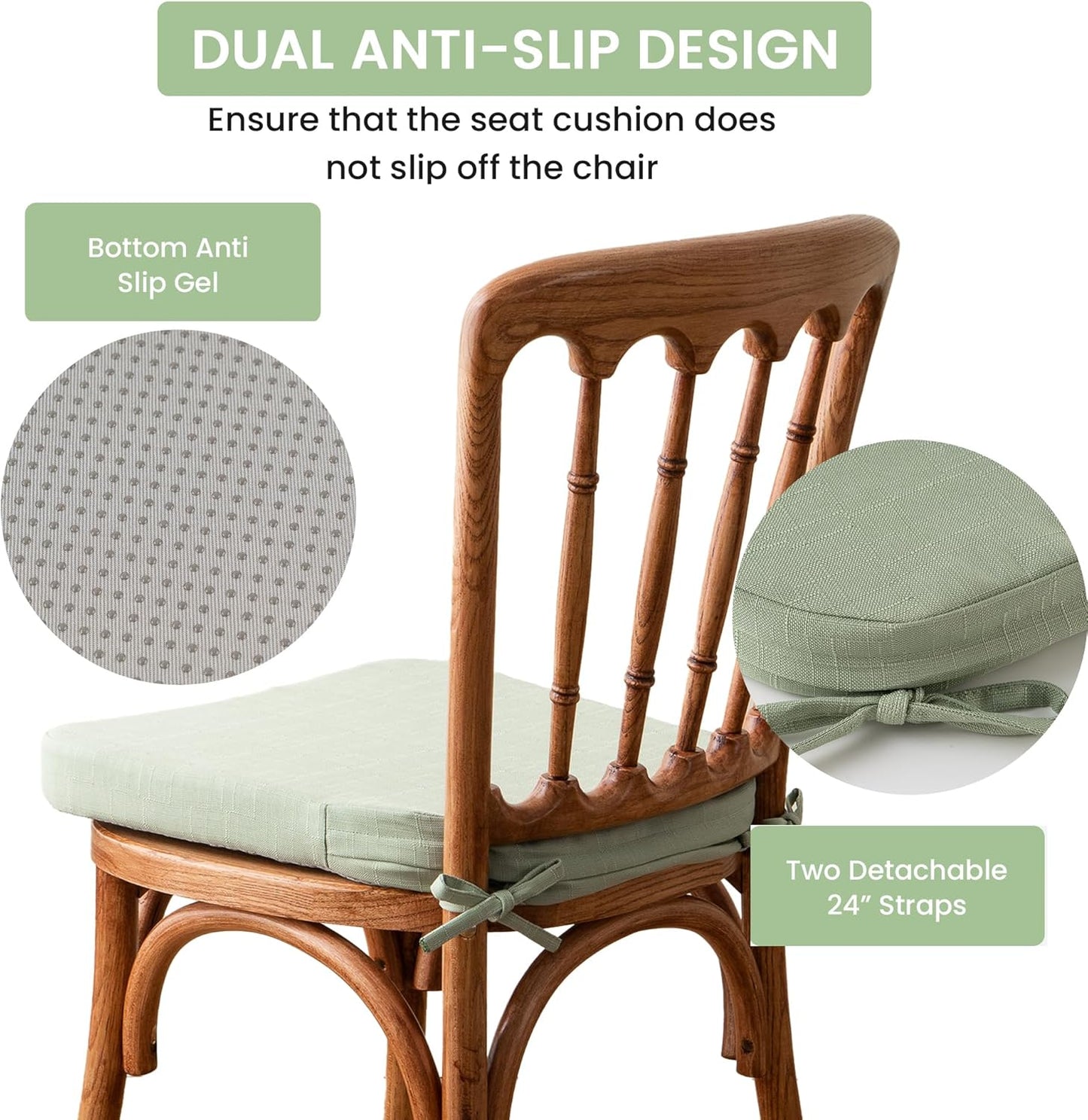 Battilo Chair Cushions for Dining Chairs with Ties, Indoor/Outdoor Kitchen Chair Pad with Non-Slip Backing, Dining Seat Cushion with Machine Washable Removable Cover, 16"x16"x2", Set of 2, Sage Green