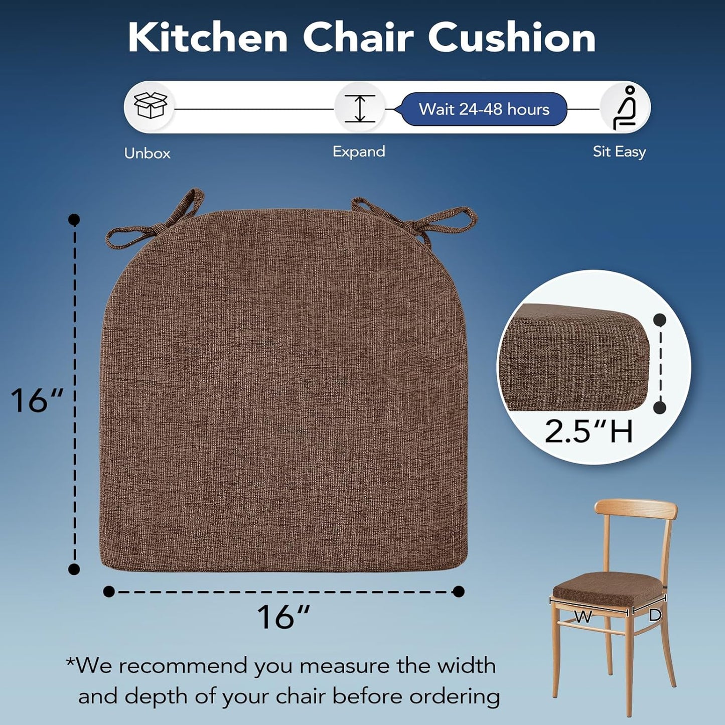 Chair Cushions for Dining Chairs, Non Slip Chair Pads with Ties and Washable Covers, Memory Foam Kitchen Chair Cushions Set of 6, 16"X16"X2.5", Brown