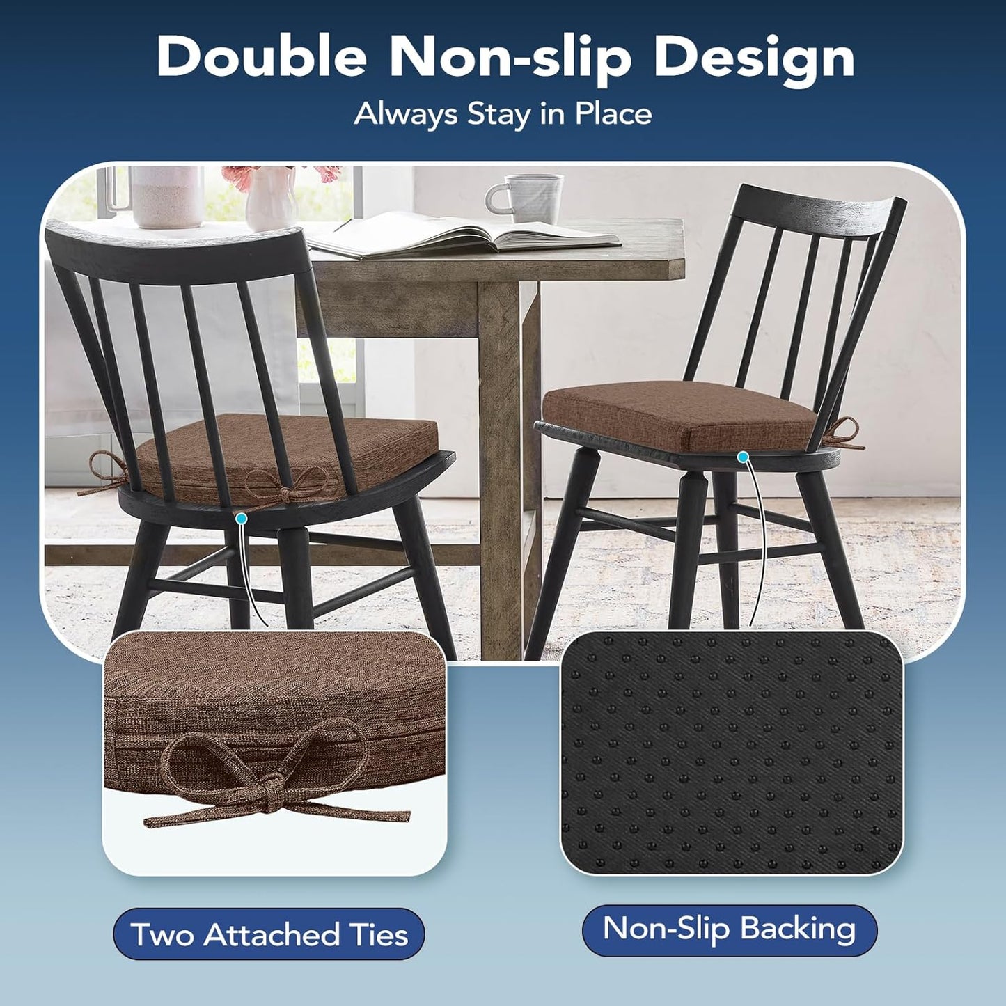 Chair Cushions for Dining Chairs, Non Slip Chair Pads with Ties and Washable Covers, Memory Foam Kitchen Chair Cushions Set of 6, 16"X16"X2.5", Brown
