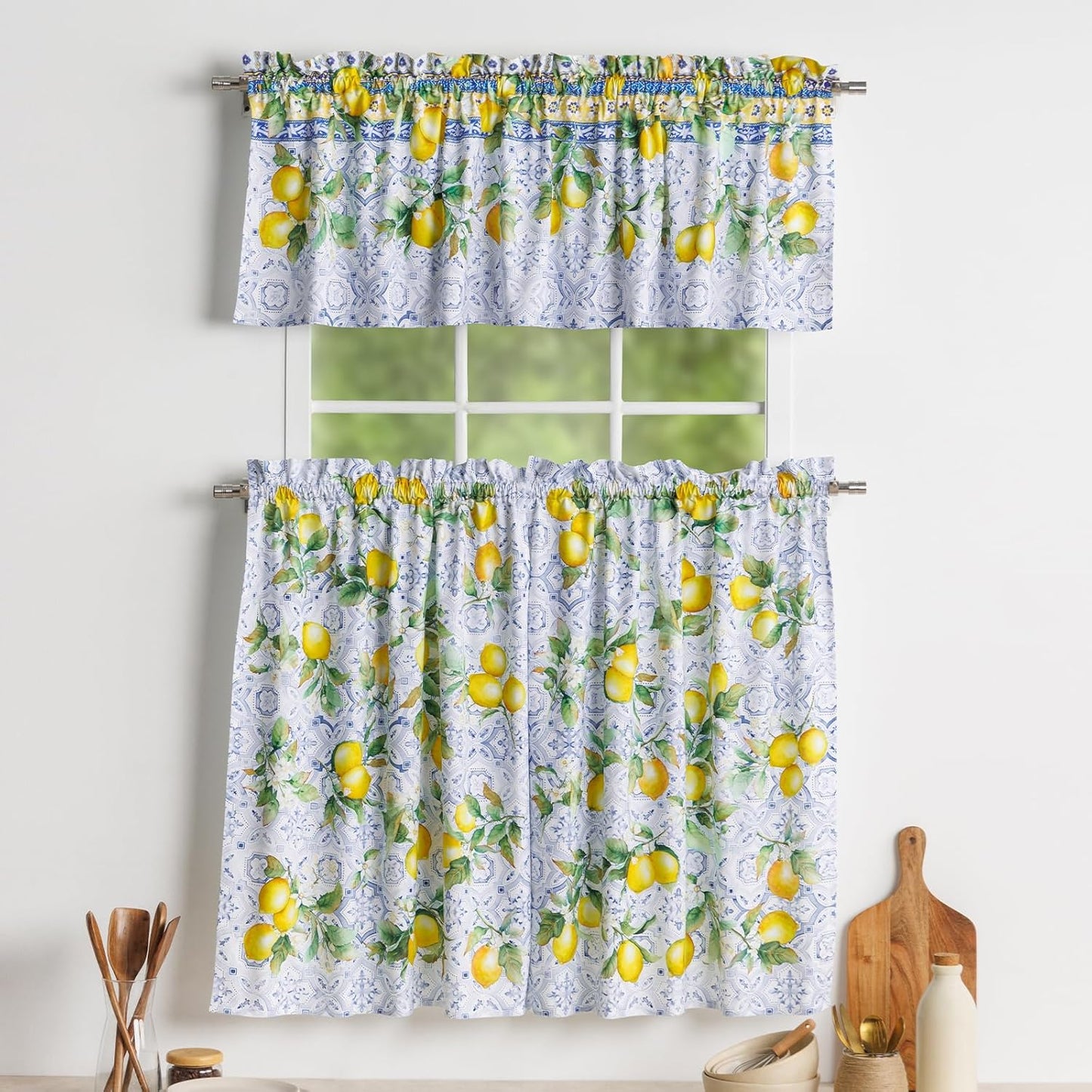 Maison d'Hermine Kitchen Curtains Sets for Windows 100% Cotton Set of Kitchen Curtains Valances for Cafe Home [2 Tiers (28"X36") and 1 Valance (56"X18")] - Easter Decorations (Passiflora)