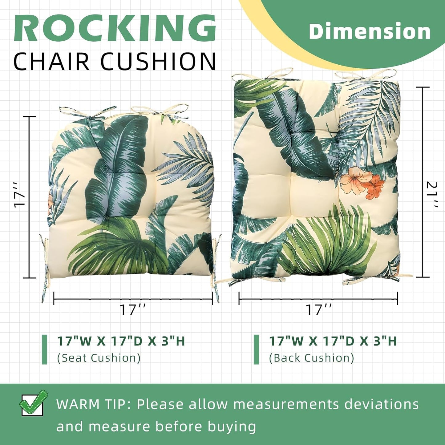 Waterproof Indoor Outdoor Rocking Chair Cushion Floral Patio Chair Pad Soft Seat Cushion for Porch Patio Bedroom Orange Grey