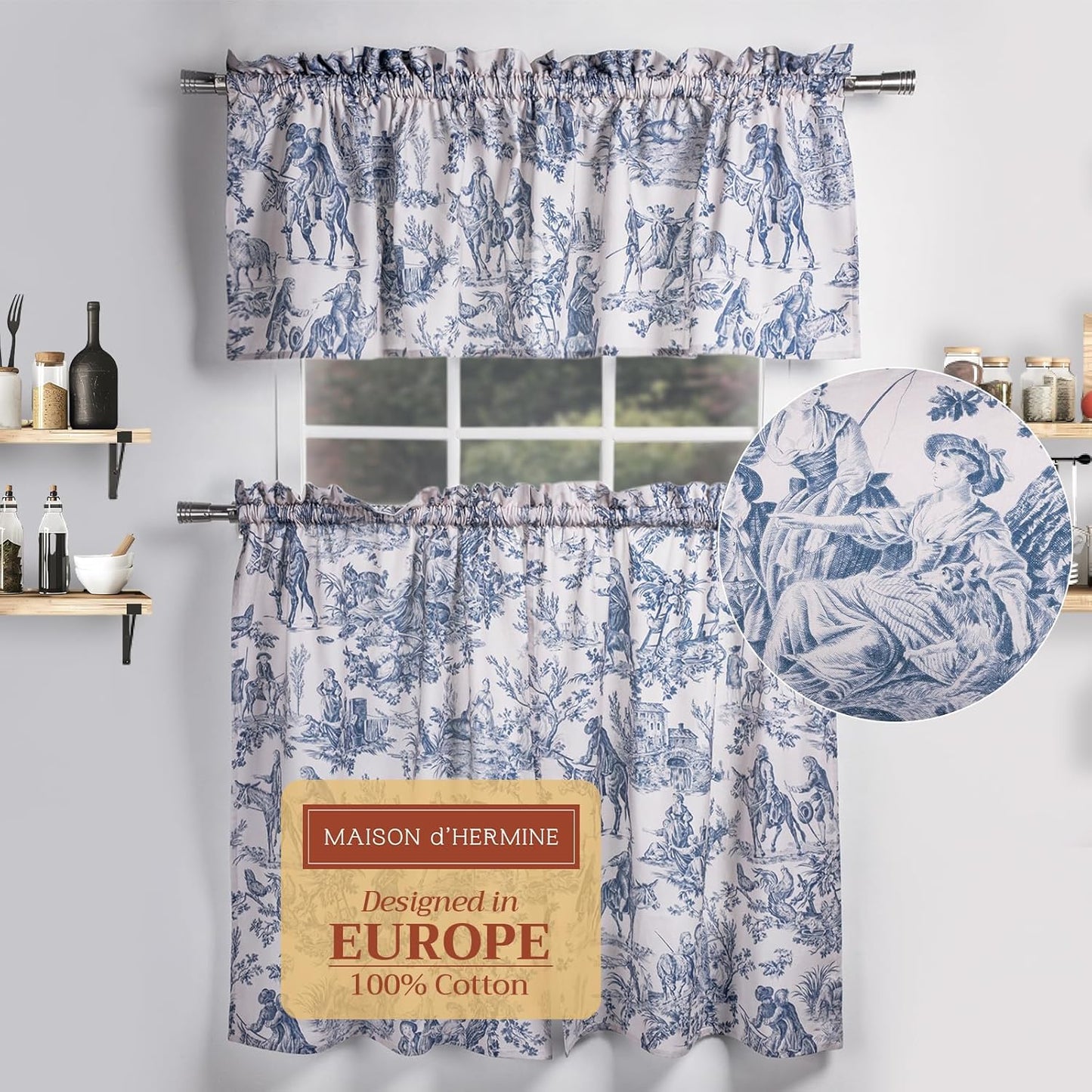 Maison d'Hermine Kitchen Curtains Sets for Windows 100% Cotton Set of Kitchen Curtains Valances for Cafe Home [2 Tiers (28"X36") and 1 Valance (56"X18")] - Easter Decorations (Passiflora)