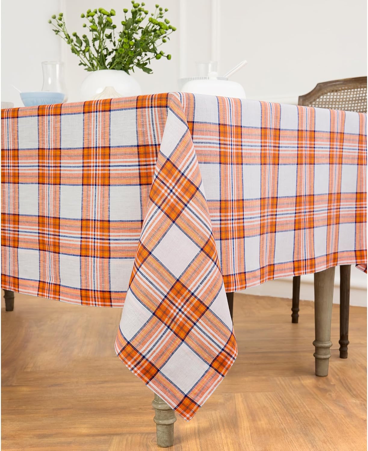 Solino Home Plaid Linen Tablecloth 60 x 108 Inch - 100% Pure Linen Orange Plaid Table Cloth for Rectangle Tables - Machine Washable Tablecloth for Fall, Autumn, Halloween, Thanksgiving