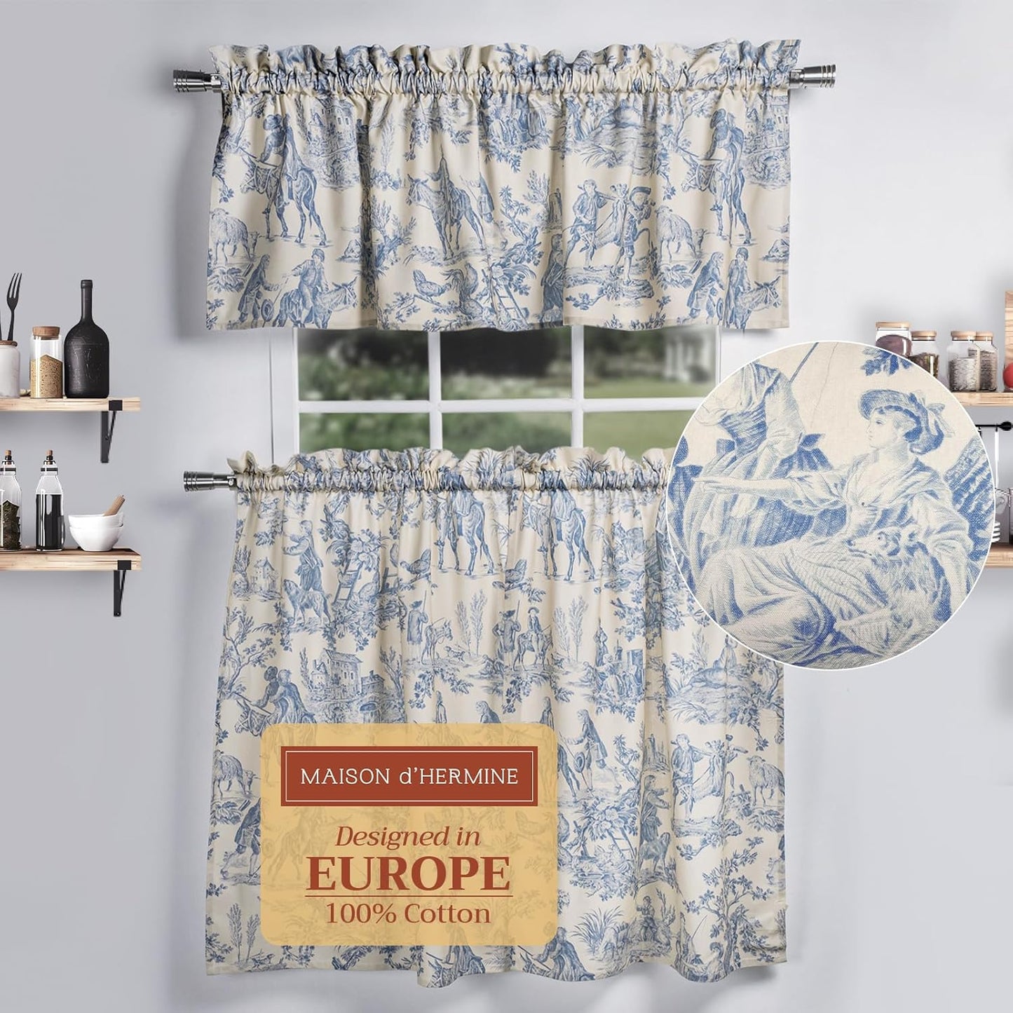 Maison d'Hermine Kitchen Curtains Sets for Windows 100% Cotton Set of Kitchen Curtains Valances for Cafe Home [2 Tiers (28"X36") and 1 Valance (56"X18")] - Easter Decorations (Passiflora)