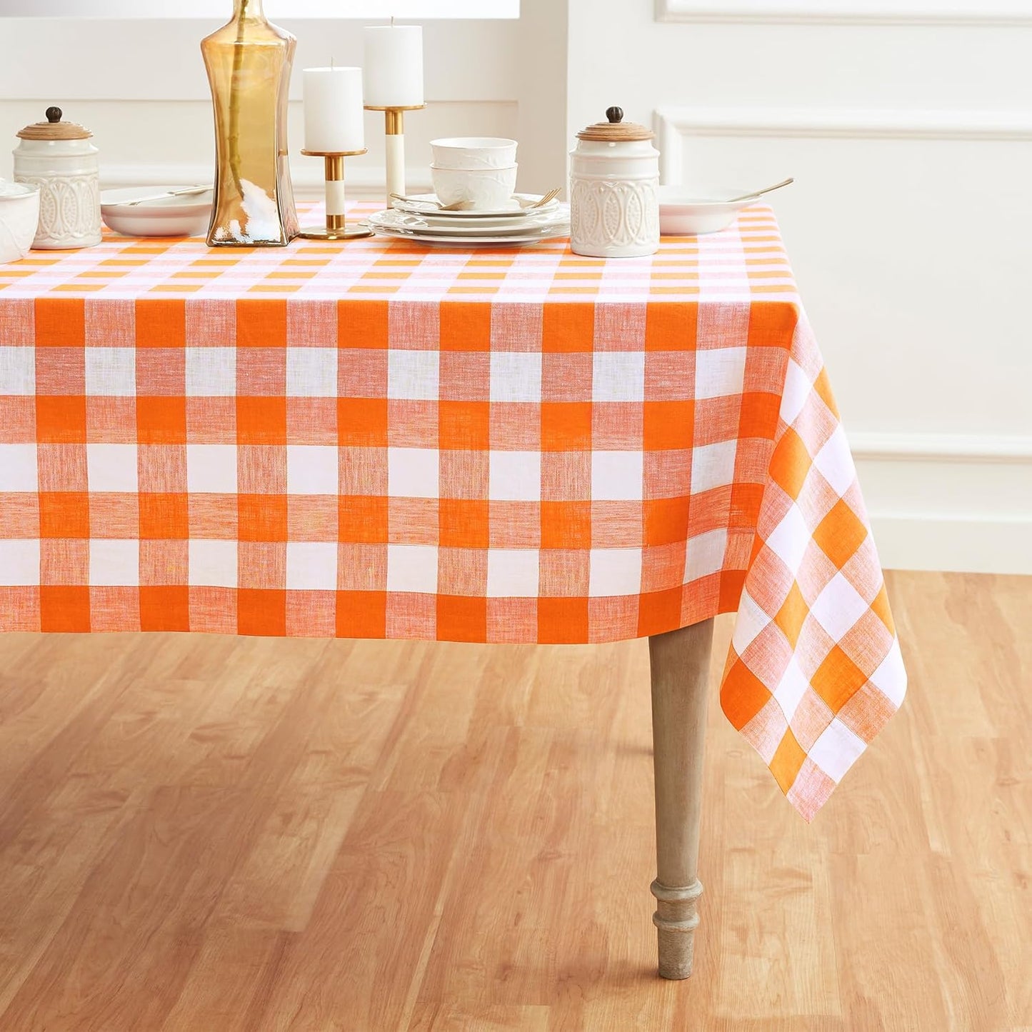 Solino Home Linen Buffalo Plaid Tablecloth 60 x 90 Inch - 100% Pure Linen Natural and White Checkered Table Cloth for Rectangle Tables - Machine Washable Tablecloth for Fall, Autumn, Thanksgiving