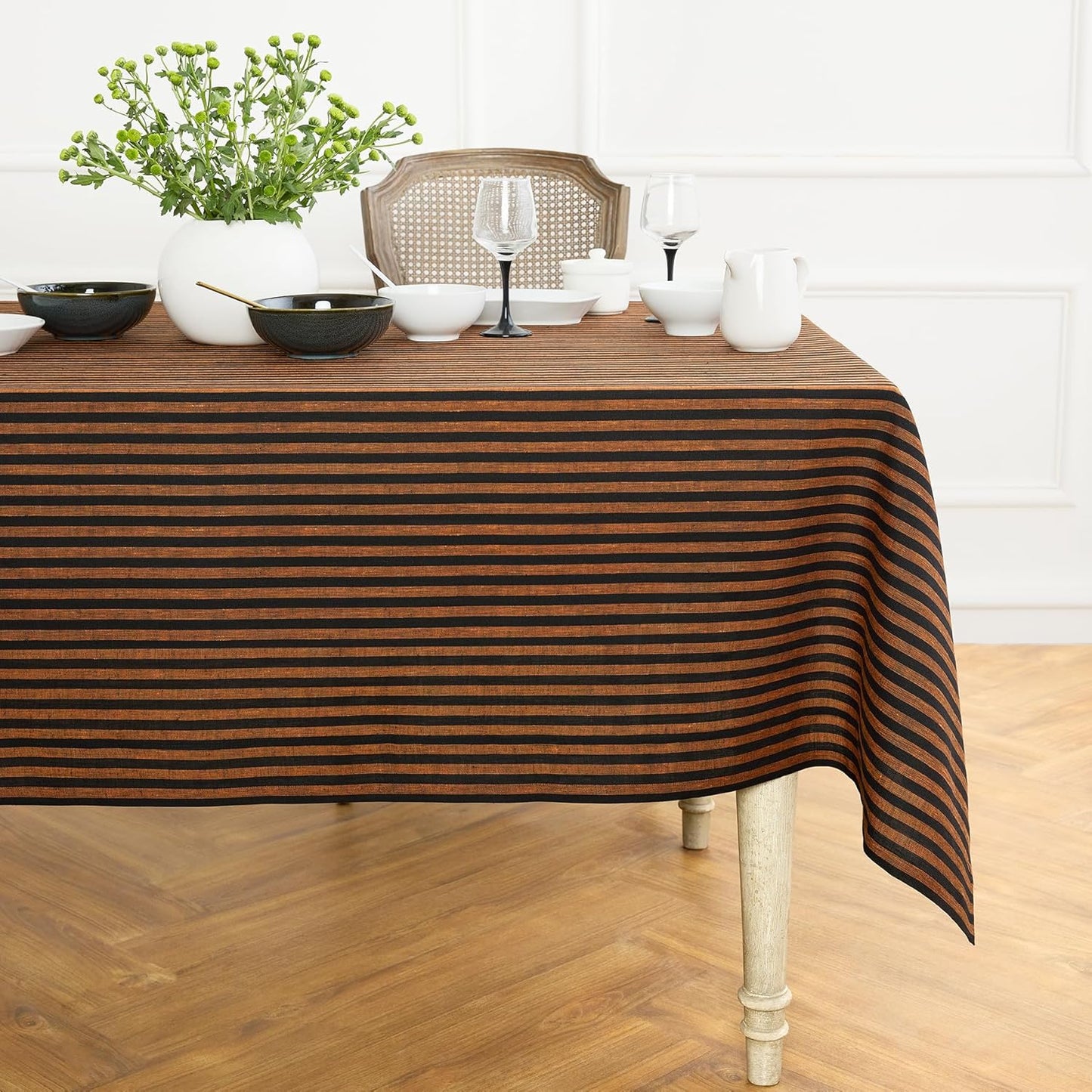 Solino Home Linen Tablecloth 60 x 90 Inch - Amalfi Stripe 100% Pure Linen Natural and White Table Cloth for Rectangle Tables - Machine Washable Tablecloth for Fall, Autumn, Thanksgiving