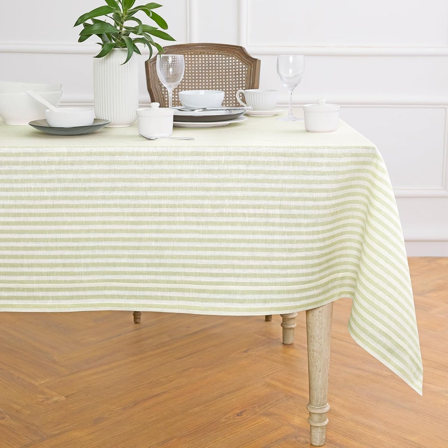 Solino Home Linen Tablecloth 60 x 90 Inch - Amalfi Stripe 100% Pure Linen Natural and White Table Cloth for Rectangle Tables - Machine Washable Tablecloth for Fall, Autumn, Thanksgiving