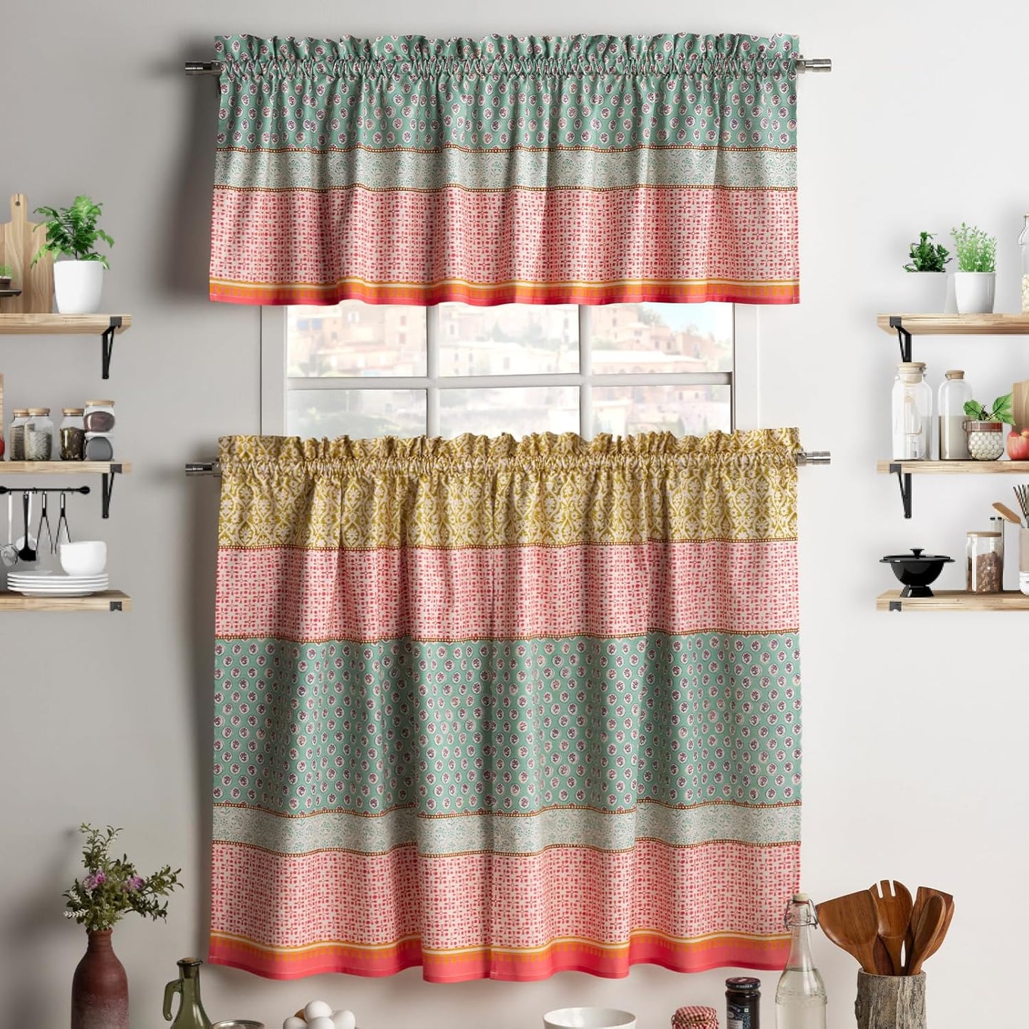 Maison d'Hermine Kitchen Curtains Sets for Windows 100% Cotton Set of Kitchen Curtains Valances for Cafe Home [2 Tiers (28"X36") and 1 Valance (56"X18")] - Easter Decorations (Happy Florals)