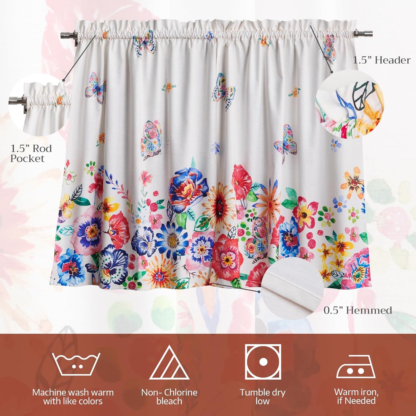 Maison d'Hermine Kitchen Curtains Sets for Windows 100% Cotton Set of Kitchen Curtains Valances for Cafe Home [2 Tiers (28"X36") and 1 Valance (56"X18")] - Easter Decorations (Happy Florals)