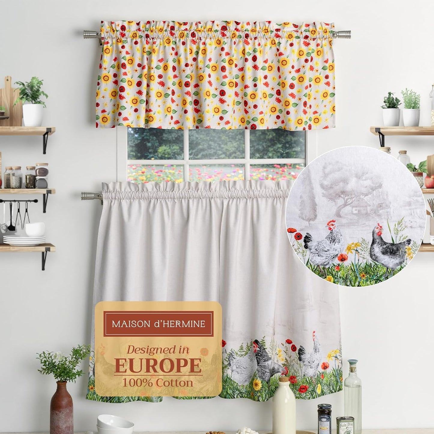 Maison d'Hermine Kitchen Curtains Sets for Windows 100% Cotton Set of Kitchen Curtains Valances for Cafe Home [2 Tiers (28"X36") and 1 Valance (56"X18")] - Easter Decorations (Happy Florals)