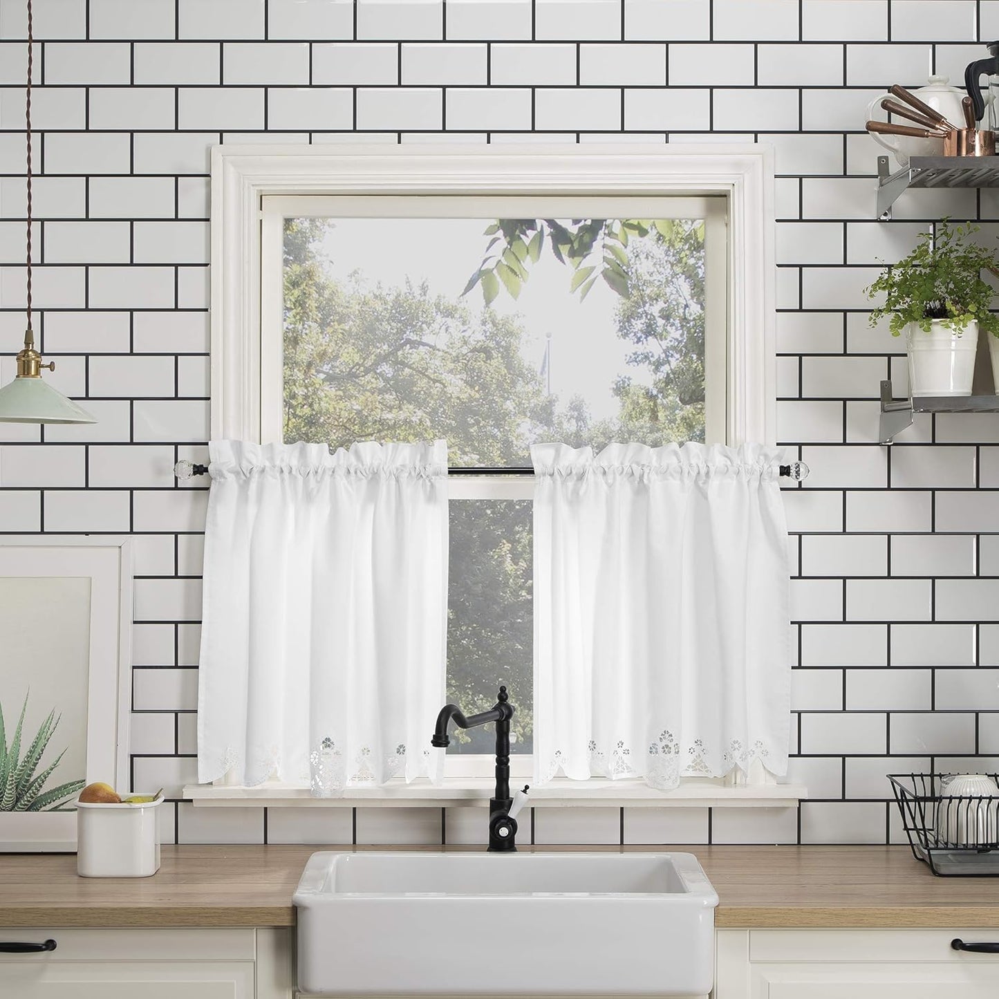 No. 918 Mariela Floral Trim Semi-Sheer Rod Pocket Kitchen Curtain Valance and Tiers Set, 58" x 24", White