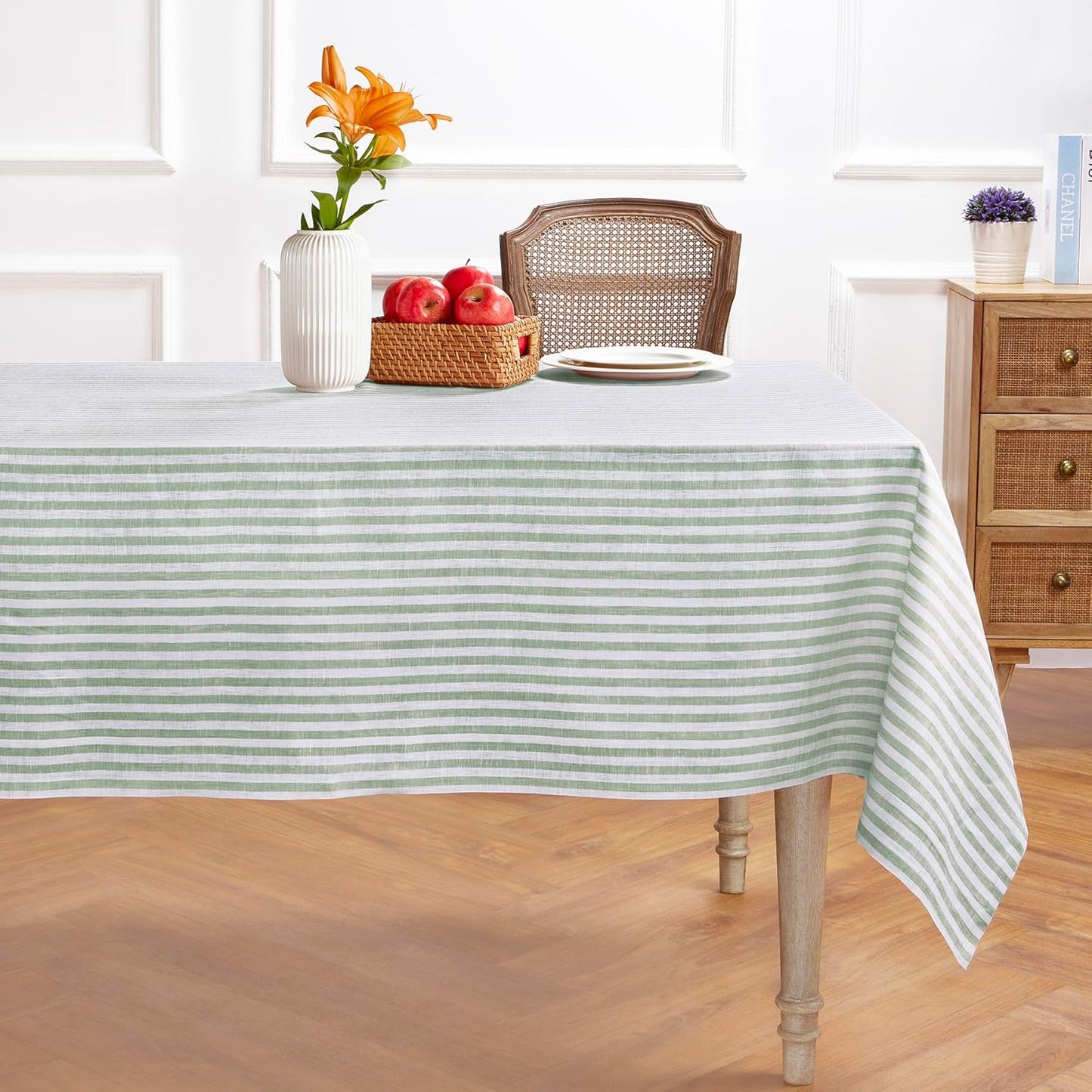 Solino Home Linen Tablecloth 60 x 90 Inch - Amalfi Stripe 100% Pure Linen Natural and White Table Cloth for Rectangle Tables - Machine Washable Tablecloth for Fall, Autumn, Thanksgiving