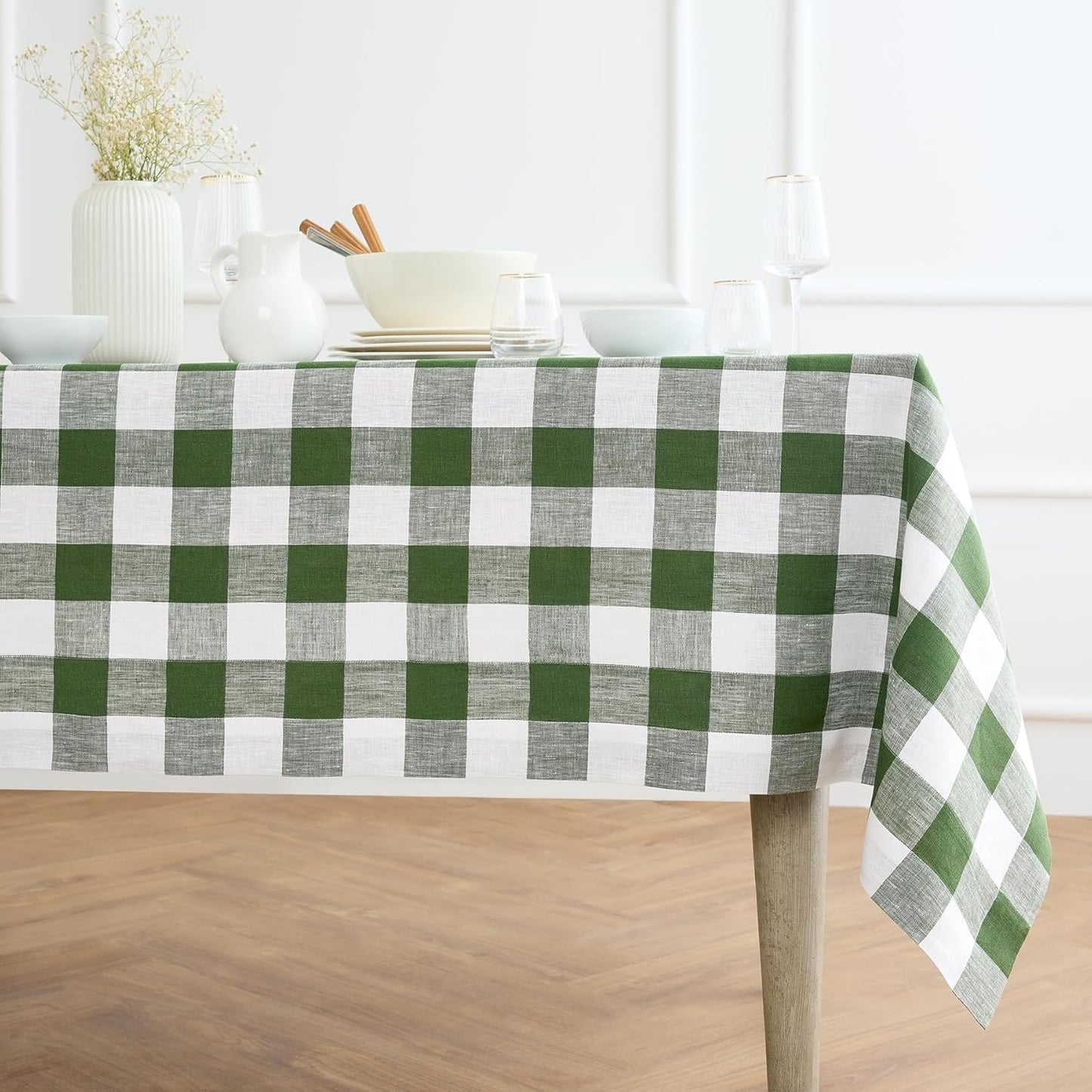Solino Home Linen Buffalo Plaid Tablecloth 60 x 90 Inch - 100% Pure Linen Natural and White Checkered Table Cloth for Rectangle Tables - Machine Washable Tablecloth for Fall, Autumn, Thanksgiving