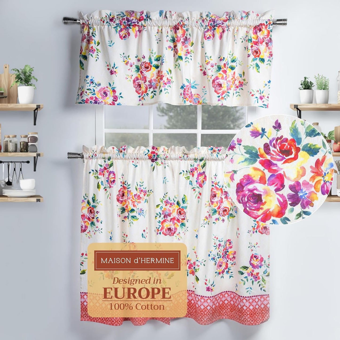 Maison d'Hermine Kitchen Curtains Sets for Windows 100% Cotton Set of Kitchen Curtains Valances for Cafe Home [2 Tiers (28"X36") and 1 Valance (56"X18")] - Easter Decorations (Passiflora)