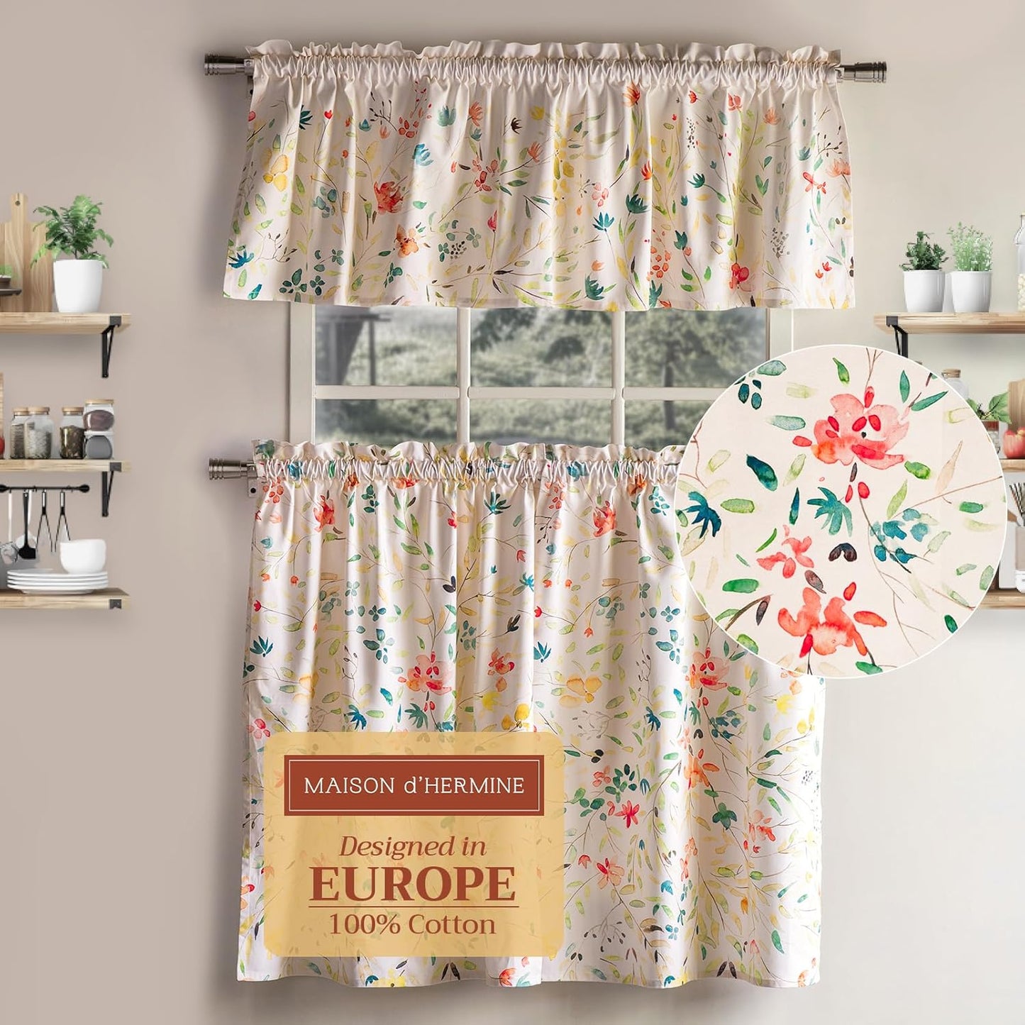 Maison d'Hermine Kitchen Curtains Sets for Windows 100% Cotton Set of Kitchen Curtains Valances for Cafe Home [2 Tiers (28"X36") and 1 Valance (56"X18")] - Easter Decorations (Happy Florals)