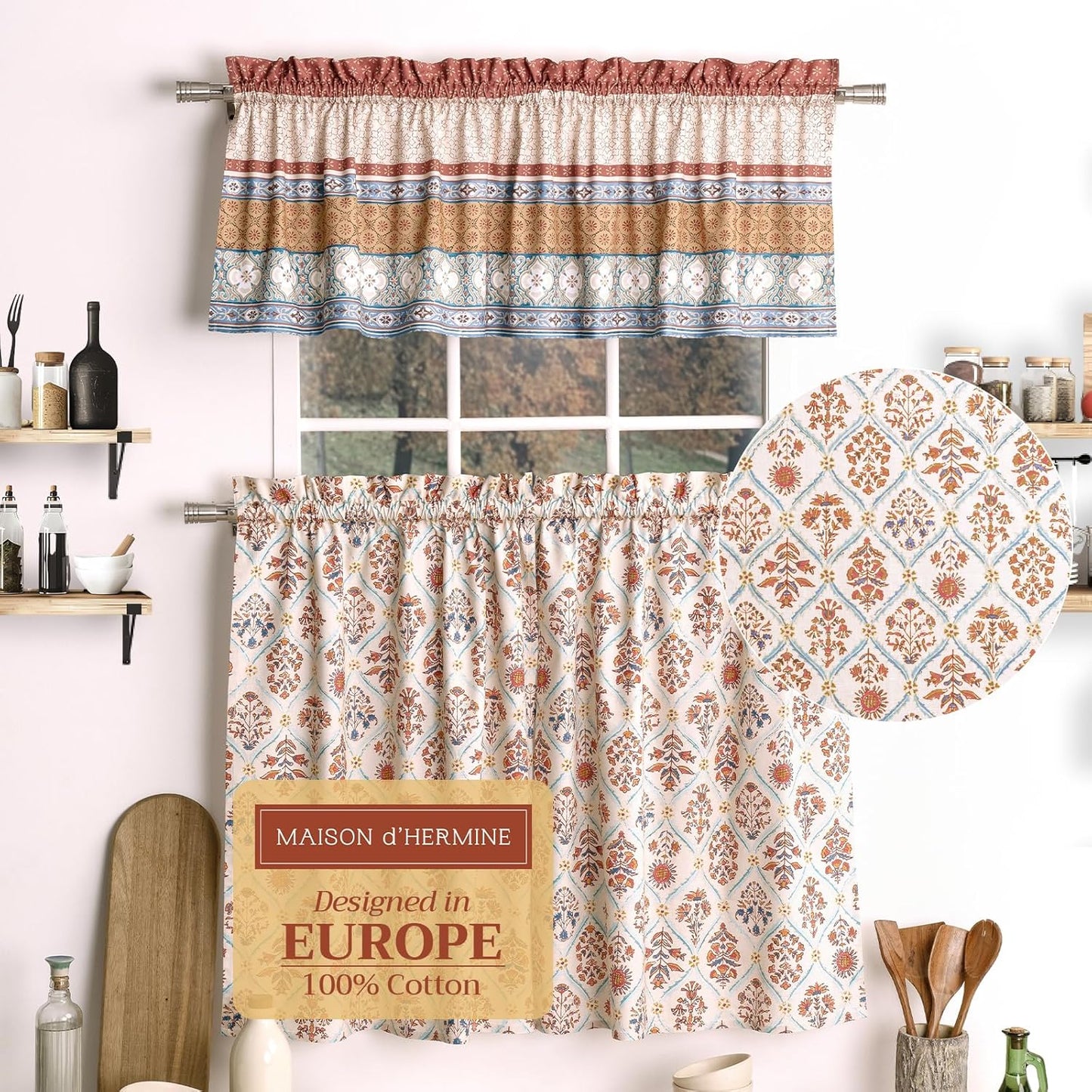 Maison d'Hermine Kitchen Curtains Sets for Windows 100% Cotton Set of Kitchen Curtains Valances for Cafe Home [2 Tiers (28"X36") and 1 Valance (56"X18")] - Easter Decorations (Happy Florals)