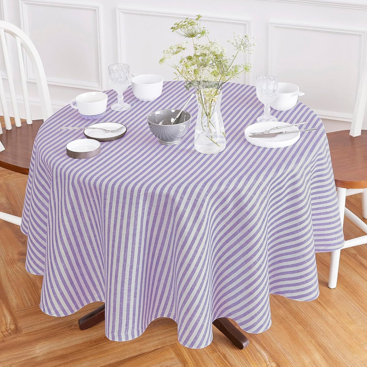 Solino Home Linen Tablecloth 60 x 90 Inch - Amalfi Stripe 100% Pure Linen Natural and White Table Cloth for Rectangle Tables - Machine Washable Tablecloth for Fall, Autumn, Thanksgiving