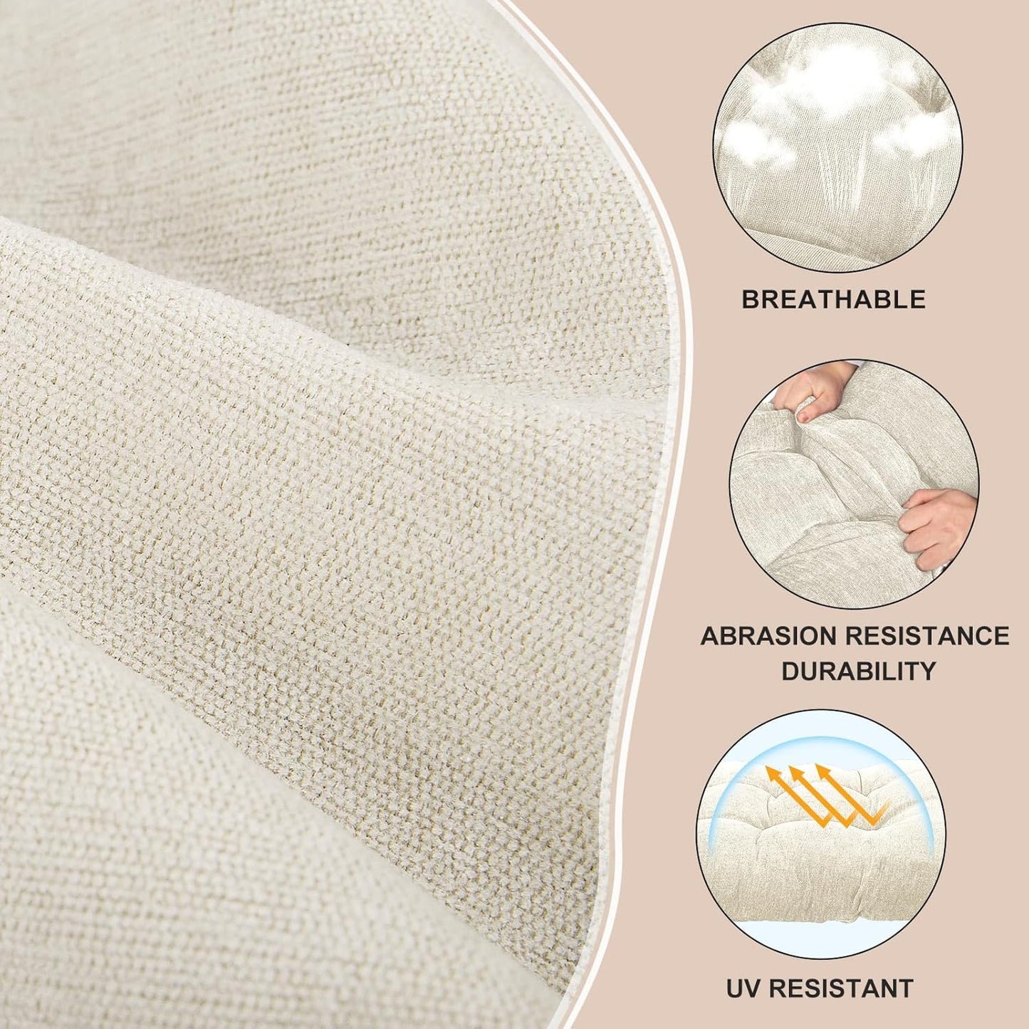 Rocking Chair Cushion - Chenille Fabric, High-Density Sponge, Durable Comfort Non-Slip Bottom Tufted Seat Pads with Ties, Chenille︱Oyster White, 44x19x4 inch