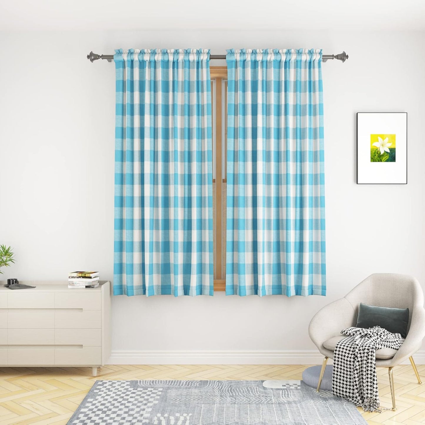 UPOPO Buffalo Check Window Curtains 63 inches Long Living Room Bedroom Cotton Plaid Gingham Farmhouse Rustic Decor Curtains 2 Panels Rod Pocket Kitchen Basement Curtain Panels Navy Blue White 52"x63"