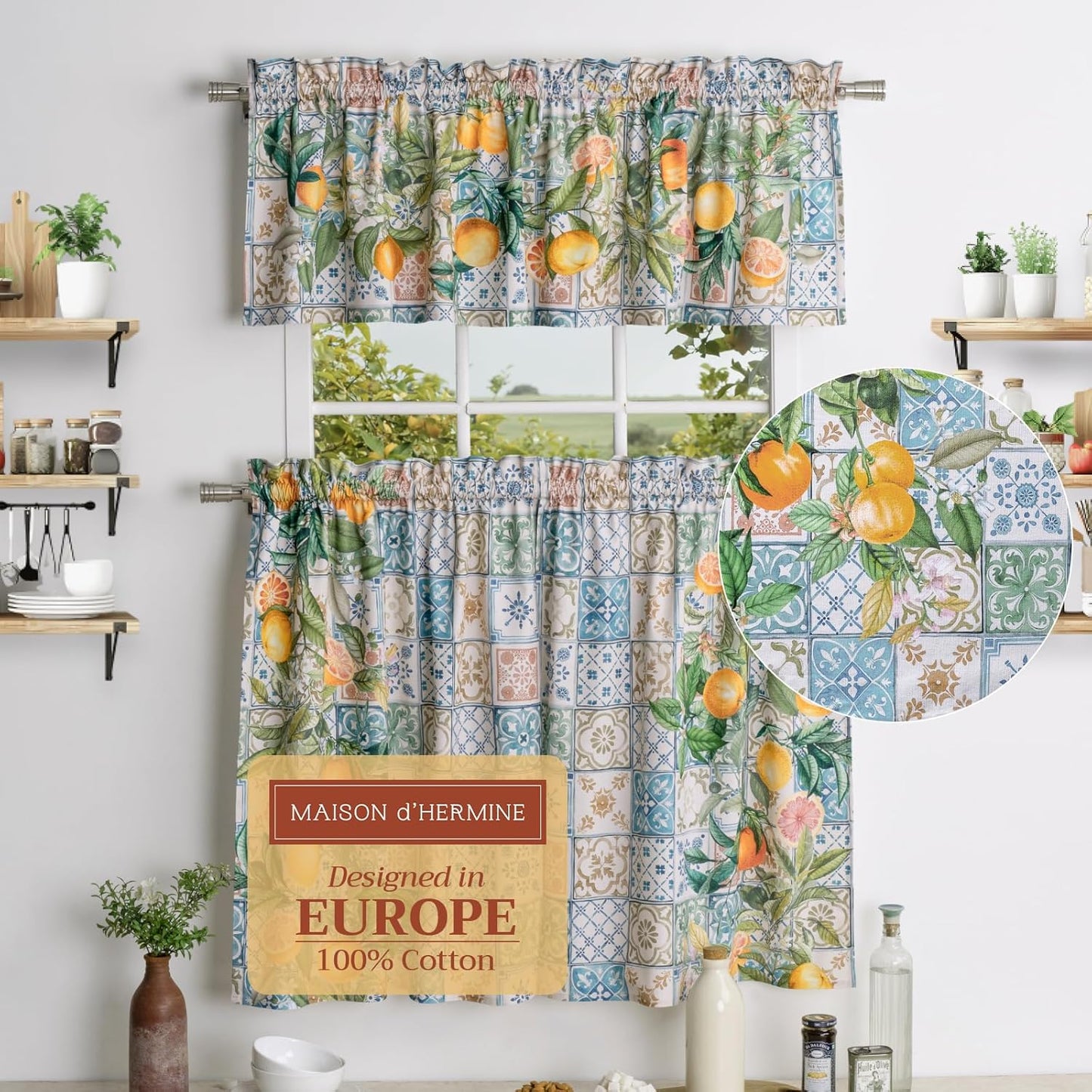 Maison d'Hermine Kitchen Curtains Sets for Windows 100% Cotton Set of Kitchen Curtains Valances for Cafe Home [2 Tiers (28"X36") and 1 Valance (56"X18")] - Easter Decorations (Happy Florals)
