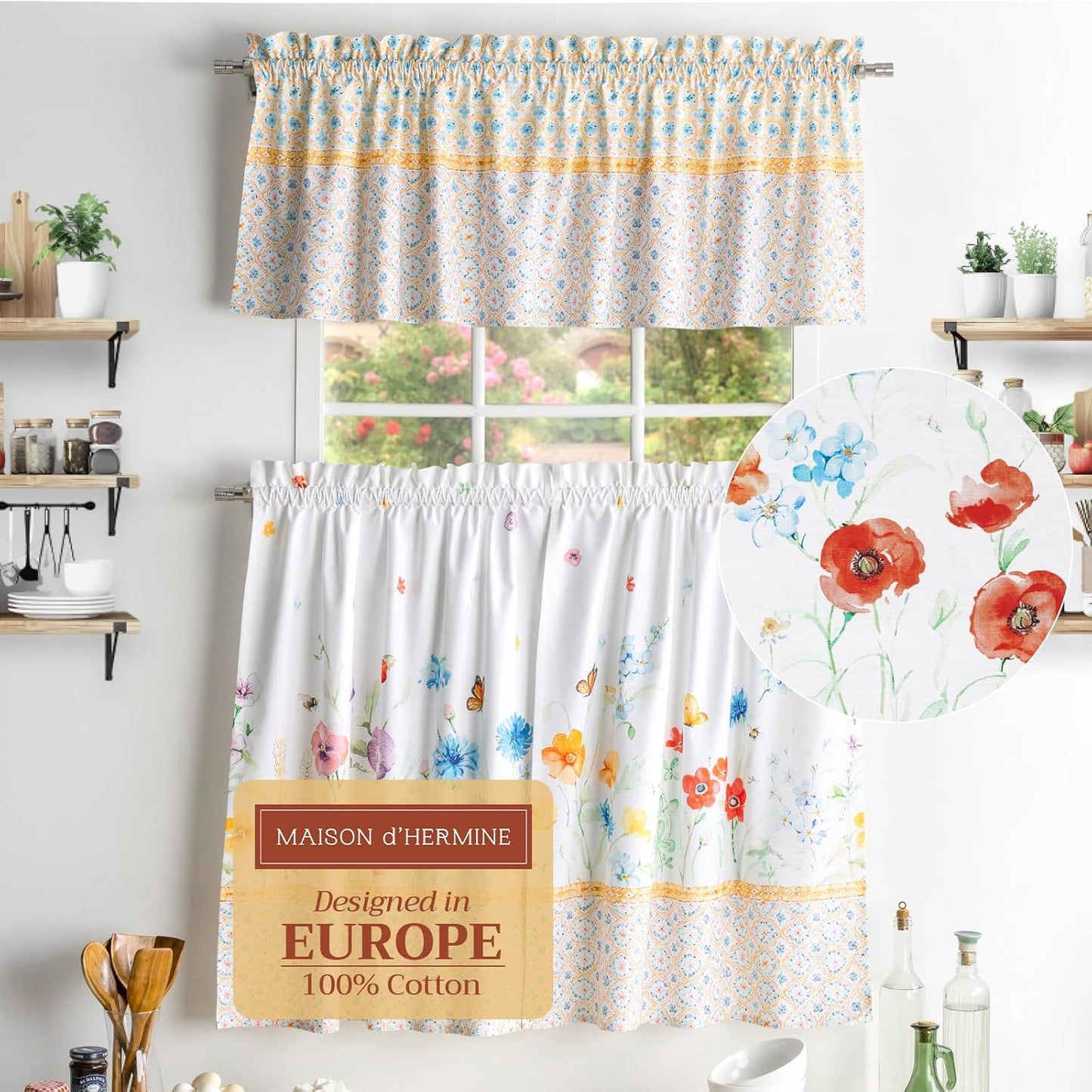 Maison d'Hermine Kitchen Curtains Sets for Windows 100% Cotton Set of Kitchen Curtains Valances for Cafe Home [2 Tiers (28"X36") and 1 Valance (56"X18")] - Easter Decorations (Happy Florals)