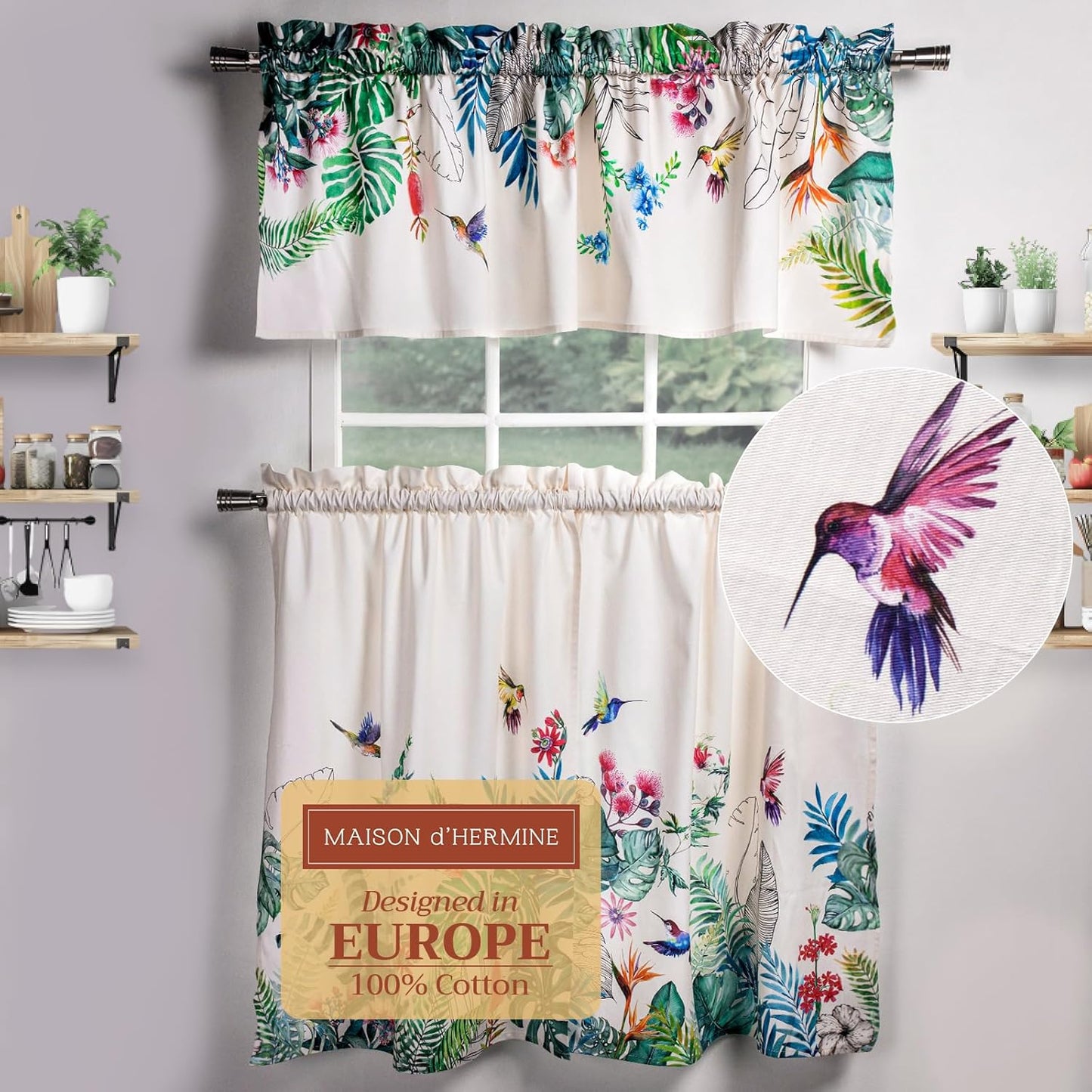 Maison d'Hermine Kitchen Curtains Sets for Windows 100% Cotton Set of Kitchen Curtains Valances for Cafe Home [2 Tiers (28"X36") and 1 Valance (56"X18")] - Easter Decorations (Happy Florals)