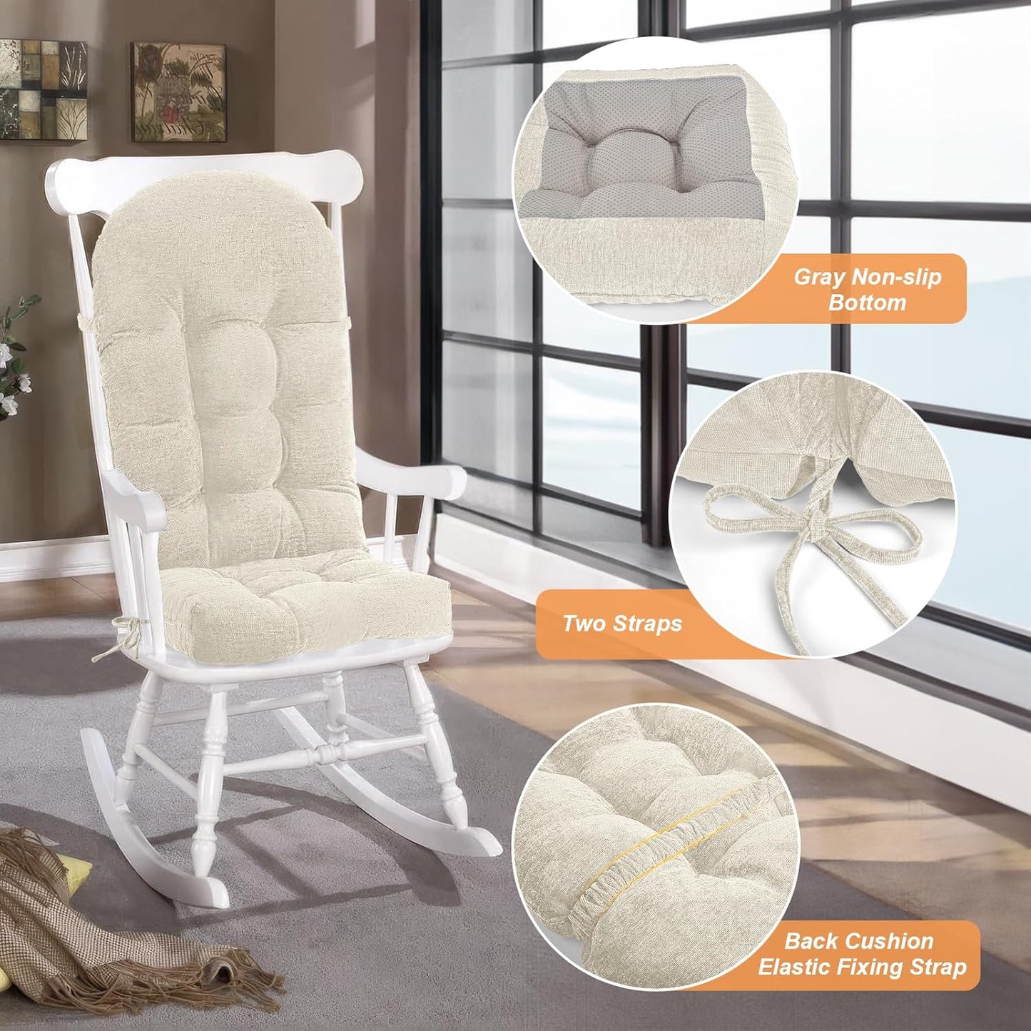 Rocking Chair Cushion - Chenille Fabric, High-Density Sponge, Durable Comfort Non-Slip Bottom Tufted Seat Pads with Ties, Chenille︱Oyster White, 44x19x4 inch