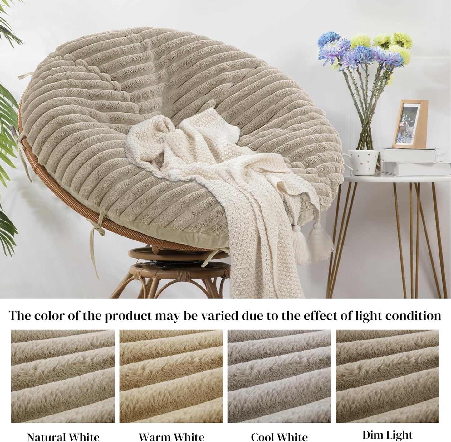 HOMBYS Fluffy Shaggy Cover for Papasan Chair Cushion, Plush Faux Fur Slipcover ONLY, (Without Cushion) Removable Soft Papasan Cushion Covers with 8 Ties, (Khaki, 55"x55")