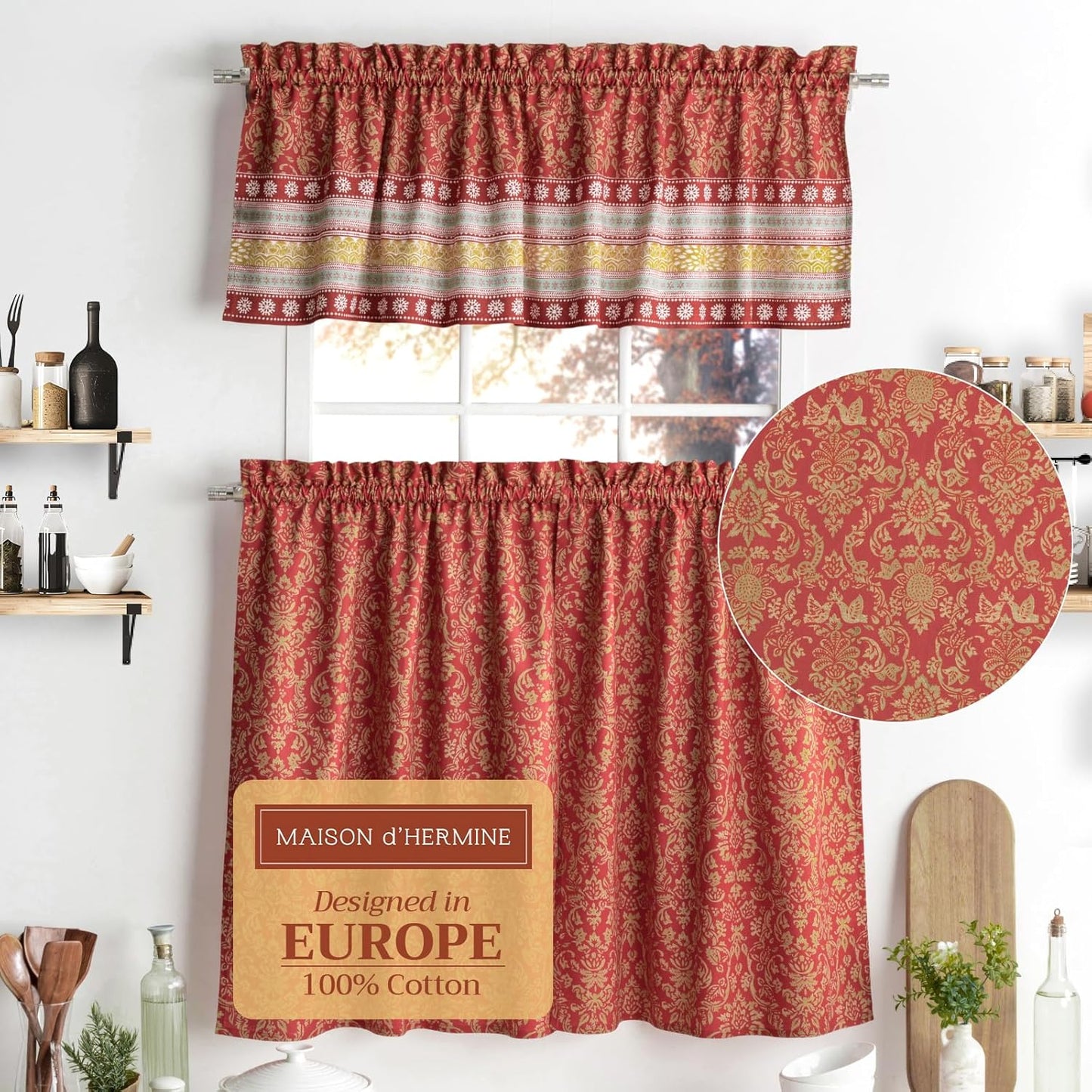 Maison d'Hermine Kitchen Curtains Sets for Windows 100% Cotton Set of Kitchen Curtains Valances for Cafe Home [2 Tiers (28"X36") and 1 Valance (56"X18")] - Easter Decorations (Happy Florals)