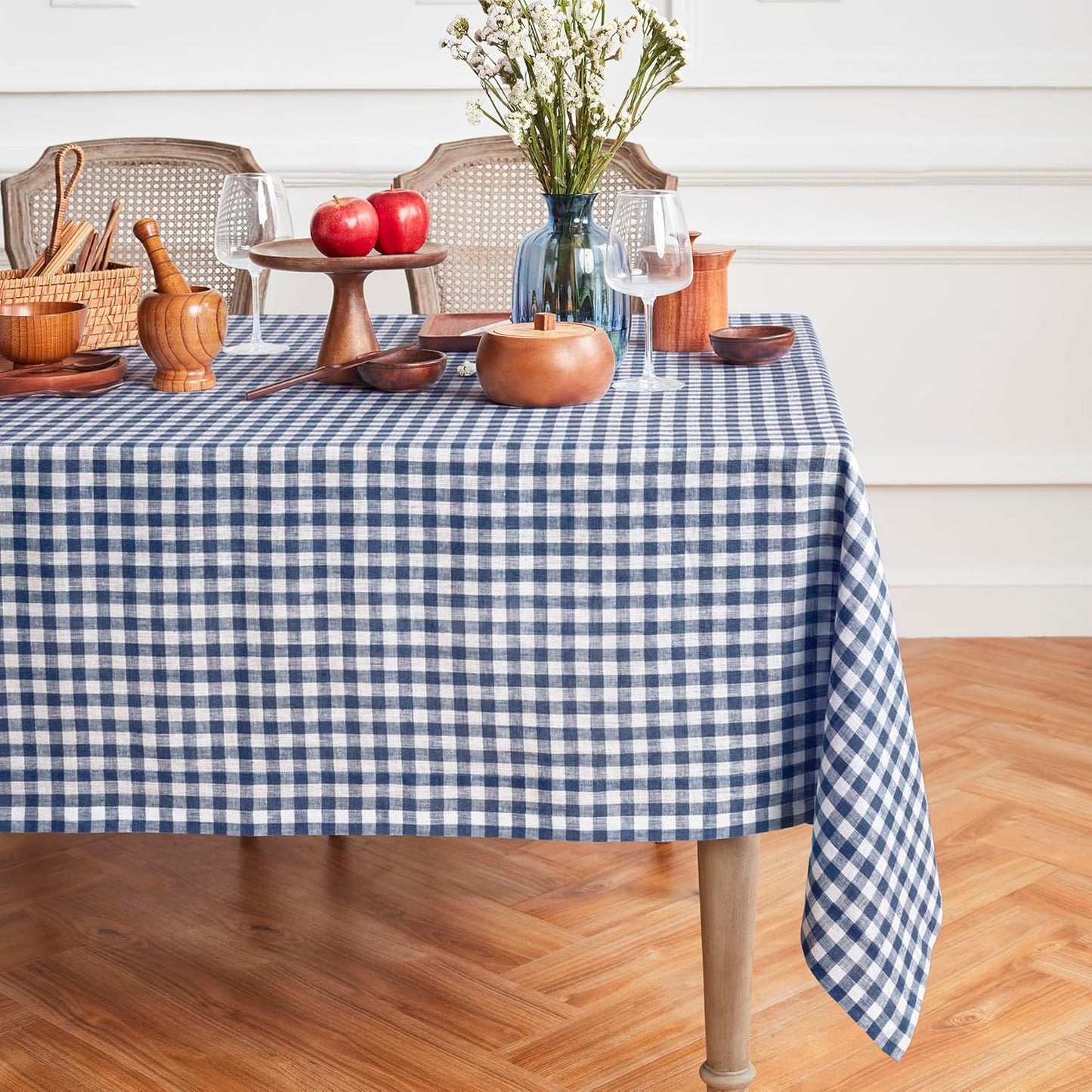 Solino Home Linen Tablecloth 60 x 108 Inch - 100% Pure Linen Gingham Checkered Natural Tablecloth for Rectangular Tables - Machine Washable Table Cloth for Fall, Autumn, Thanksgiving