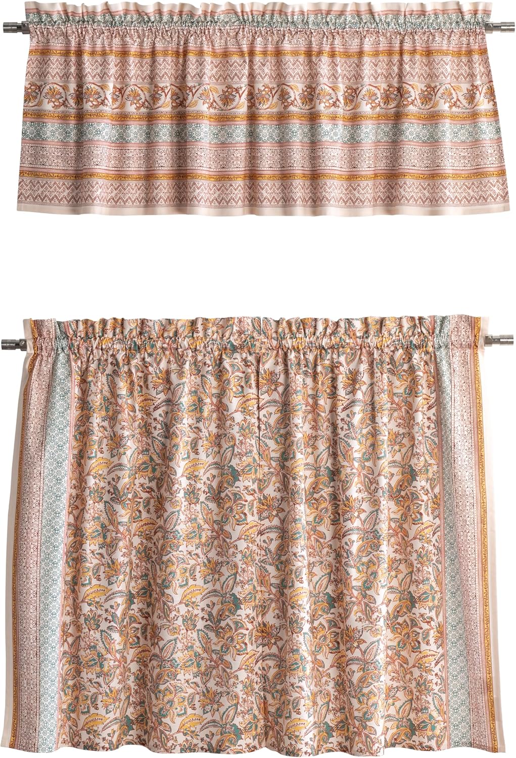 Maison d'Hermine Kitchen Curtains Sets for Windows 100% Cotton Set of Kitchen Curtains Valances for Cafe Home [2 Tiers (28"X36") and 1 Valance (56"X18")] - Easter Decorations (Happy Florals)