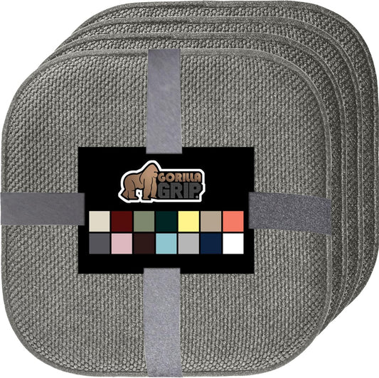GORILLA GRIP Slip Resistant Chair Cushions, No Ties Required, Memory Foam Pads for Dining Room, Kitchen Table, Office, Rocking Chairs, Plush Seat Cover Cushion Pad, Home Decor, Set of 4, 16x16, Gray