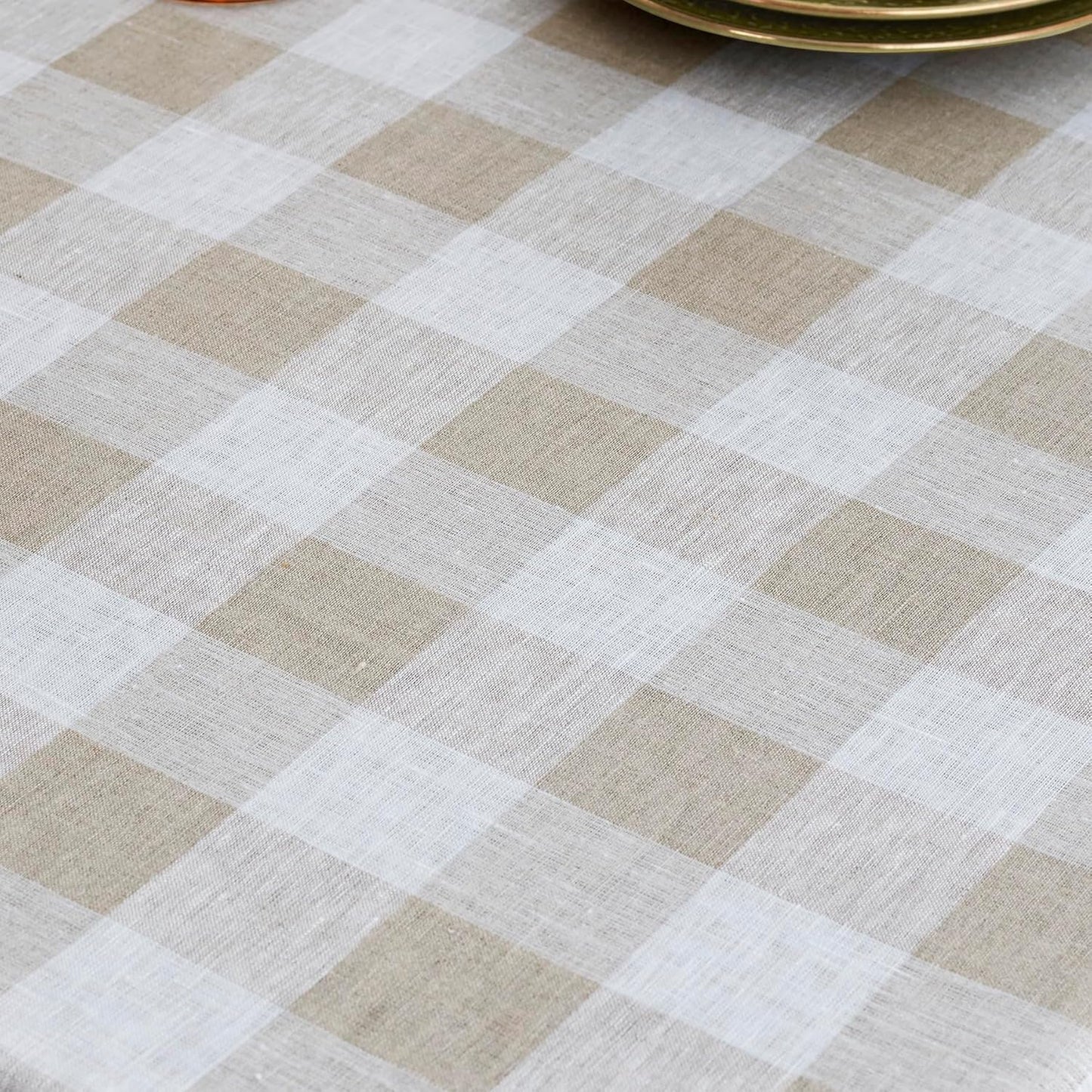Solino Home Linen Buffalo Plaid Tablecloth 60 x 90 Inch - 100% Pure Linen Natural and White Checkered Table Cloth for Rectangle Tables - Machine Washable Tablecloth for Fall, Autumn, Thanksgiving