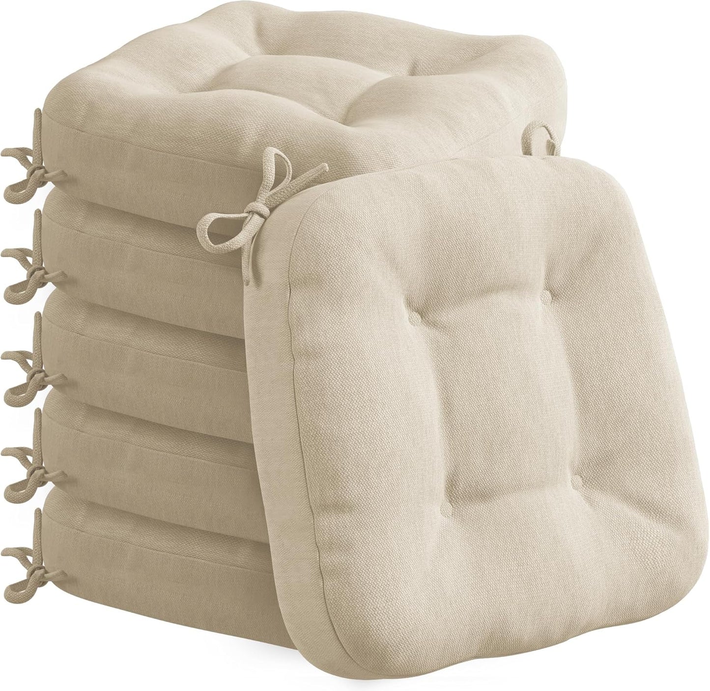 Codi Dining Chair Cushions 4 Pack, Thick Chairs Pads for Indoor Kitchen Room - Washable, Non-Slip Seat Cushion with Ties, 16.5"x16.5"x 3.5", Set of 4, Beige