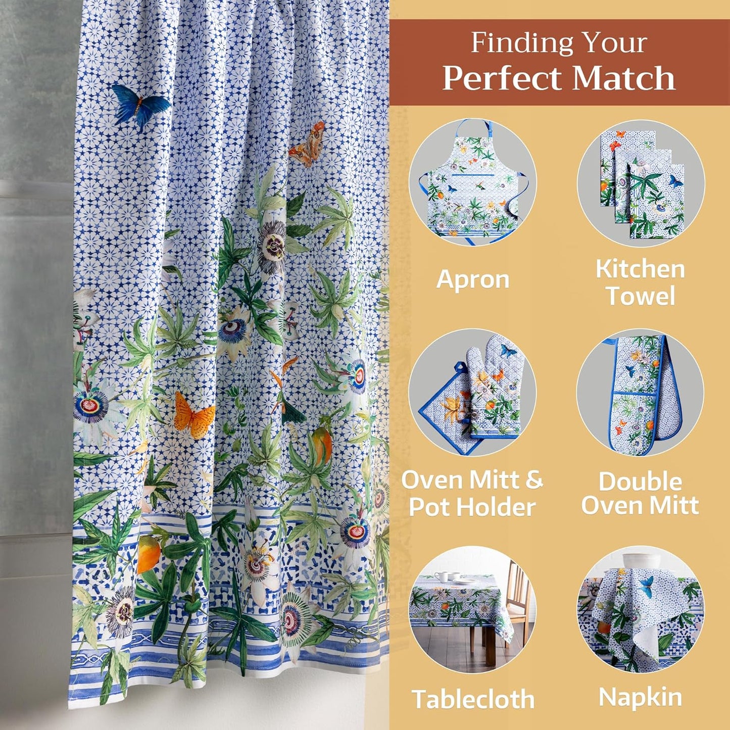 Maison d'Hermine Kitchen Curtains Sets for Windows 100% Cotton Set of Kitchen Curtains Valances for Cafe Home [2 Tiers (28"X36") and 1 Valance (56"X18")] - Easter Decorations (Passiflora)