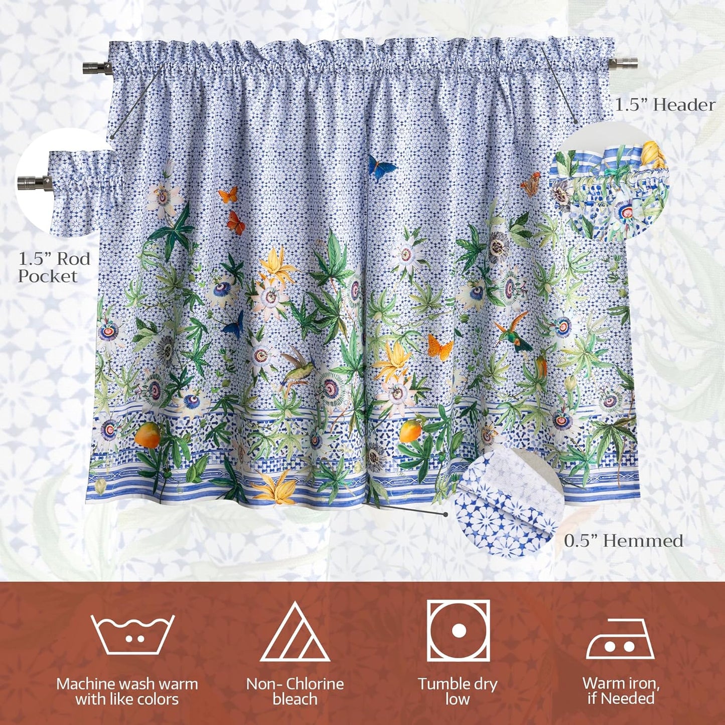 Maison d'Hermine Kitchen Curtains Sets for Windows 100% Cotton Set of Kitchen Curtains Valances for Cafe Home [2 Tiers (28"X36") and 1 Valance (56"X18")] - Easter Decorations (Passiflora)