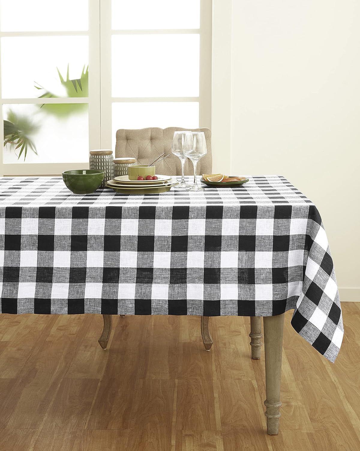 Solino Home Linen Buffalo Plaid Tablecloth 60 x 90 Inch - 100% Pure Linen Natural and White Checkered Table Cloth for Rectangle Tables - Machine Washable Tablecloth for Fall, Autumn, Thanksgiving