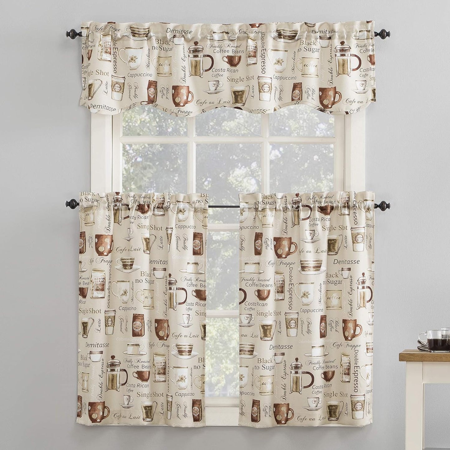 No. 918 Bristol Coffee Shop Semi-Sheer Rod Pocket Kitchen Curtain Valance and Tiers Set, 54" x 36", Ivory Off-White
