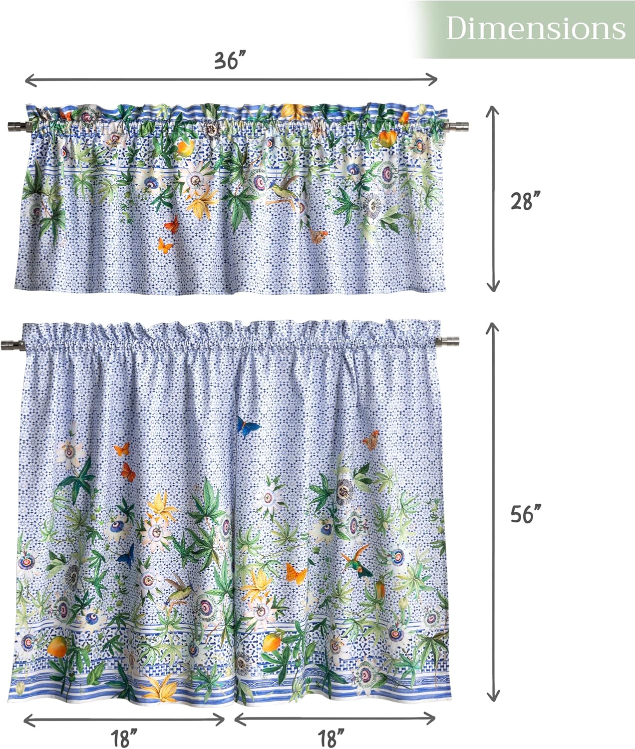 Maison d'Hermine Kitchen Curtains Sets for Windows 100% Cotton Set of Kitchen Curtains Valances for Cafe Home [2 Tiers (28"X36") and 1 Valance (56"X18")] - Easter Decorations (Passiflora)