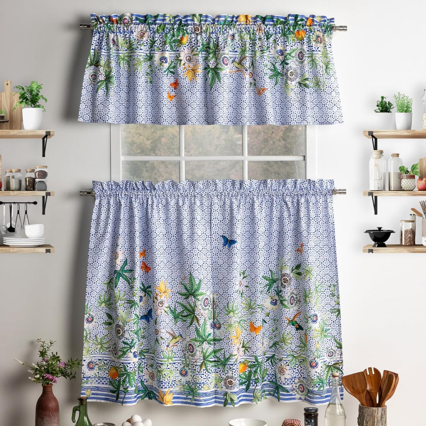 Maison d'Hermine Kitchen Curtains Sets for Windows 100% Cotton Set of Kitchen Curtains Valances for Cafe Home [2 Tiers (28"X36") and 1 Valance (56"X18")] - Easter Decorations (Passiflora)