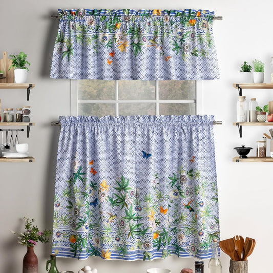 Maison d'Hermine Kitchen Curtains Sets for Windows 100% Cotton Set of Kitchen Curtains Valances for Cafe Home [2 Tiers (28"X36") and 1 Valance (56"X18")] - Easter Decorations (Passiflora)