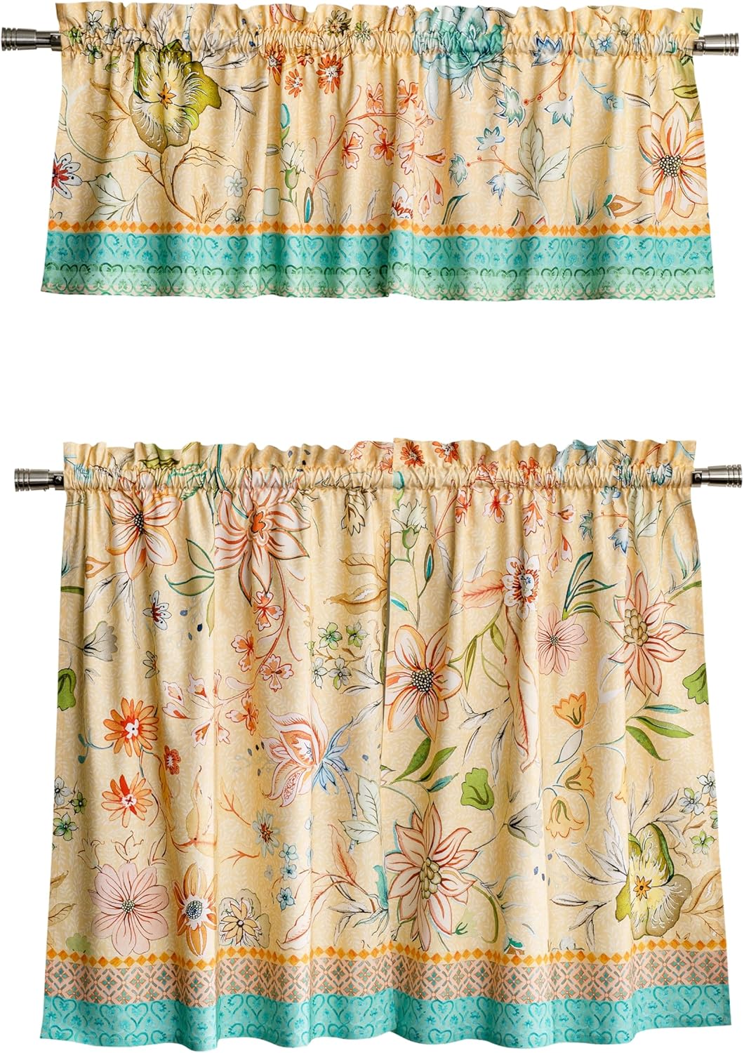 Maison d'Hermine Kitchen Curtains Sets for Windows 100% Cotton Set of Kitchen Curtains Valances for Cafe Home [2 Tiers (28"X36") and 1 Valance (56"X18")] - Easter Decorations (Happy Florals)
