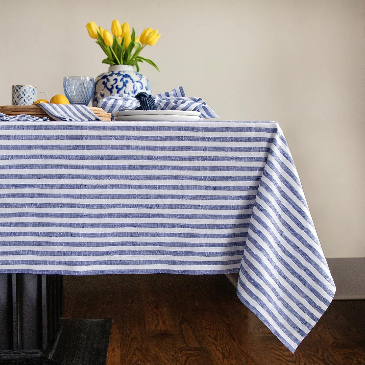 Solino Home Linen Tablecloth 60 x 90 Inch - Amalfi Stripe 100% Pure Linen Natural and White Table Cloth for Rectangle Tables - Machine Washable Tablecloth for Fall, Autumn, Thanksgiving