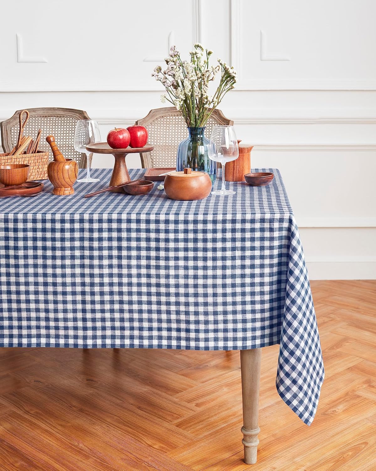 Solino Home Linen Tablecloth 60 x 108 Inch - 100% Pure Linen Gingham Checkered Natural Tablecloth for Rectangular Tables - Machine Washable Table Cloth for Fall, Autumn, Thanksgiving